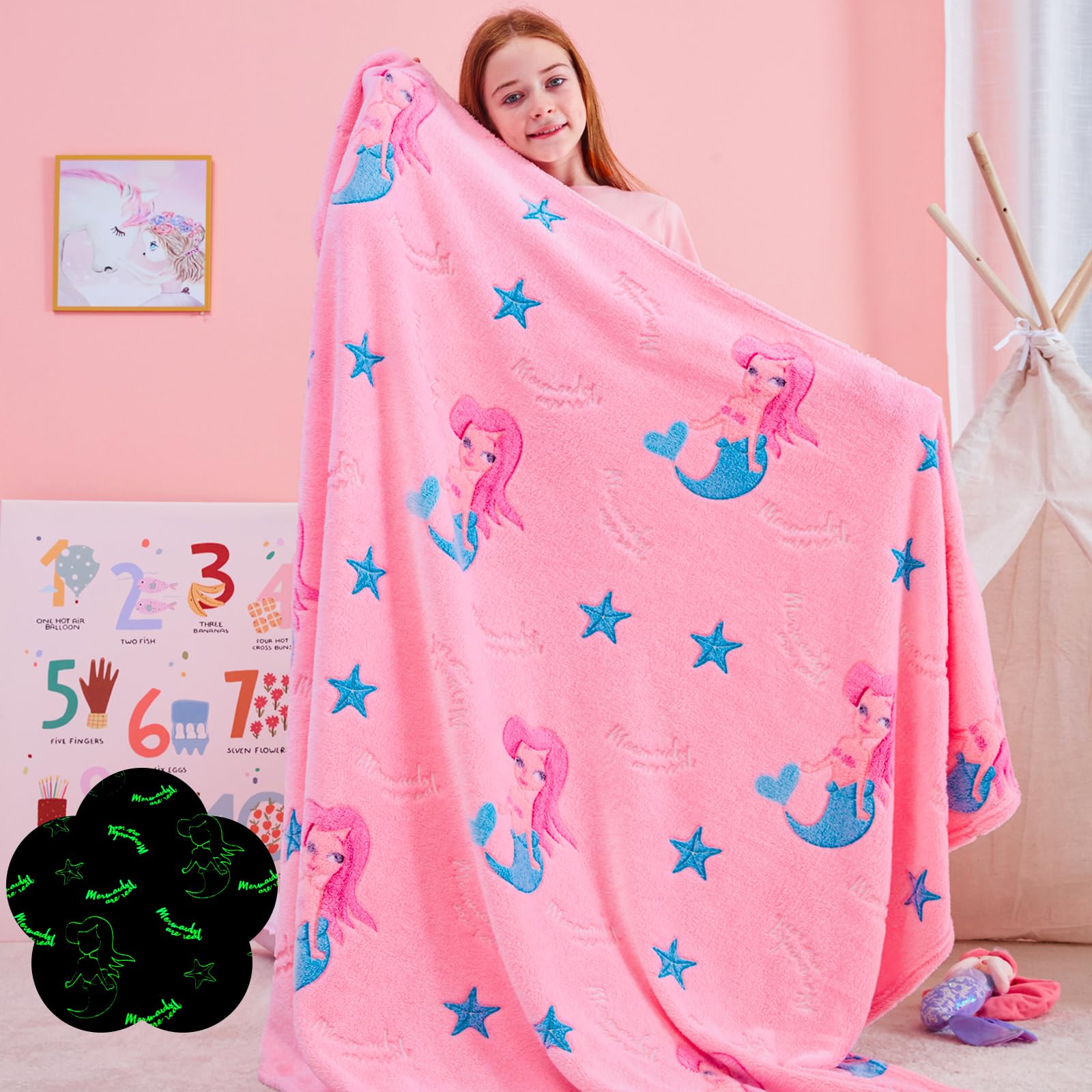 Qsteheml Mermaid Glow In The Dark Blanket For Girls,Mermaid Gifts For Girls Age 3 4 5 6 7 8 9 10 11 12 Year Old, Soft Throw Blan