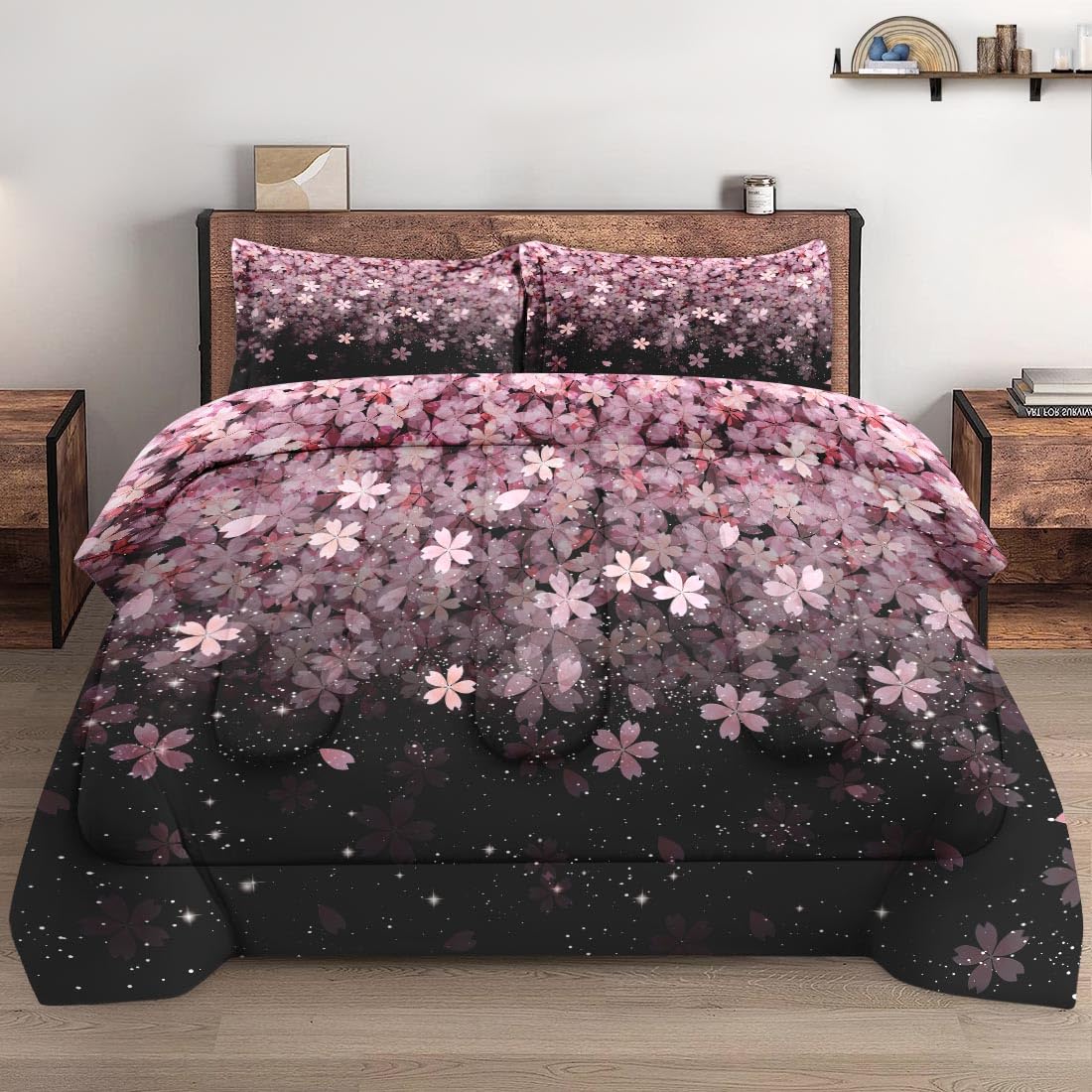 Wecozy Twin Size Comforter Set With Pillowcase, Spring Cherry Pink Flower Tree Soft 2 Pcs Bedding For Kids And Adults Bedroom Be