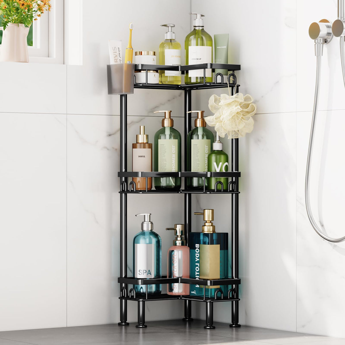 HapiRm Standing Shower Caddy Corner  3 Tier Corner Shower Organizer with Toothbrush Holder and 12 Hooks, Large Capacity Rustpro