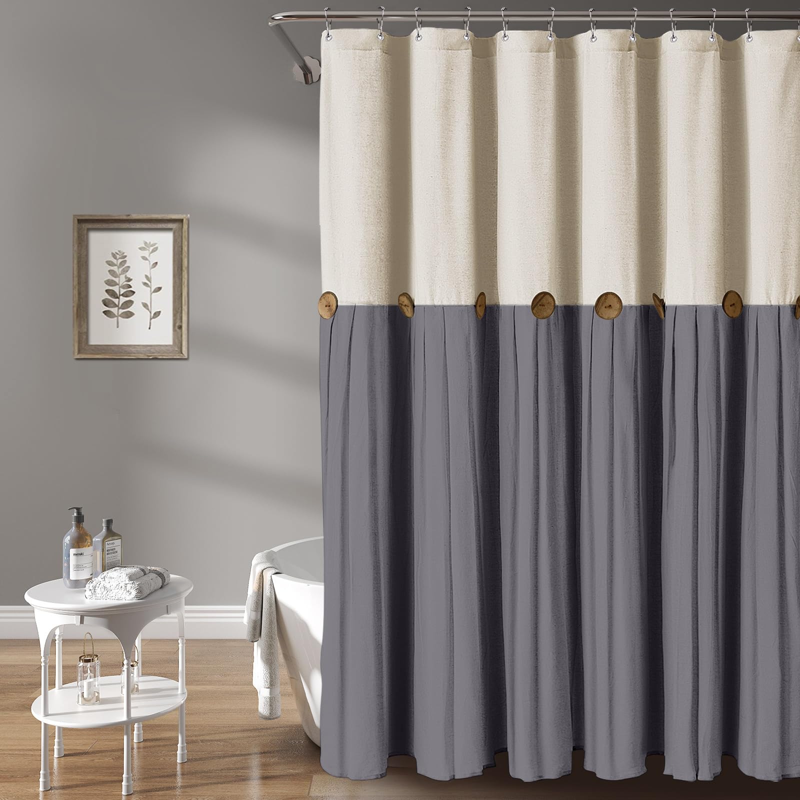 Awellife Linen Button Farmhouse Beige Shower Curtain,Linen And Cotton Woven Fabric,Pleated Brown Stripe,Country Style (Beige & D