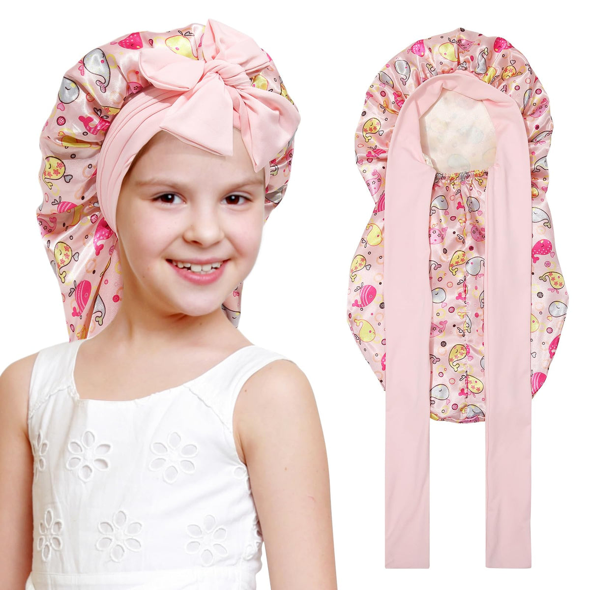 Kids Long Hair Bonnet for Sleeping - Double Layer Girls Elastic Satin Bonnet with Tie Band for Braid Curly Hair (Whales+Beige)