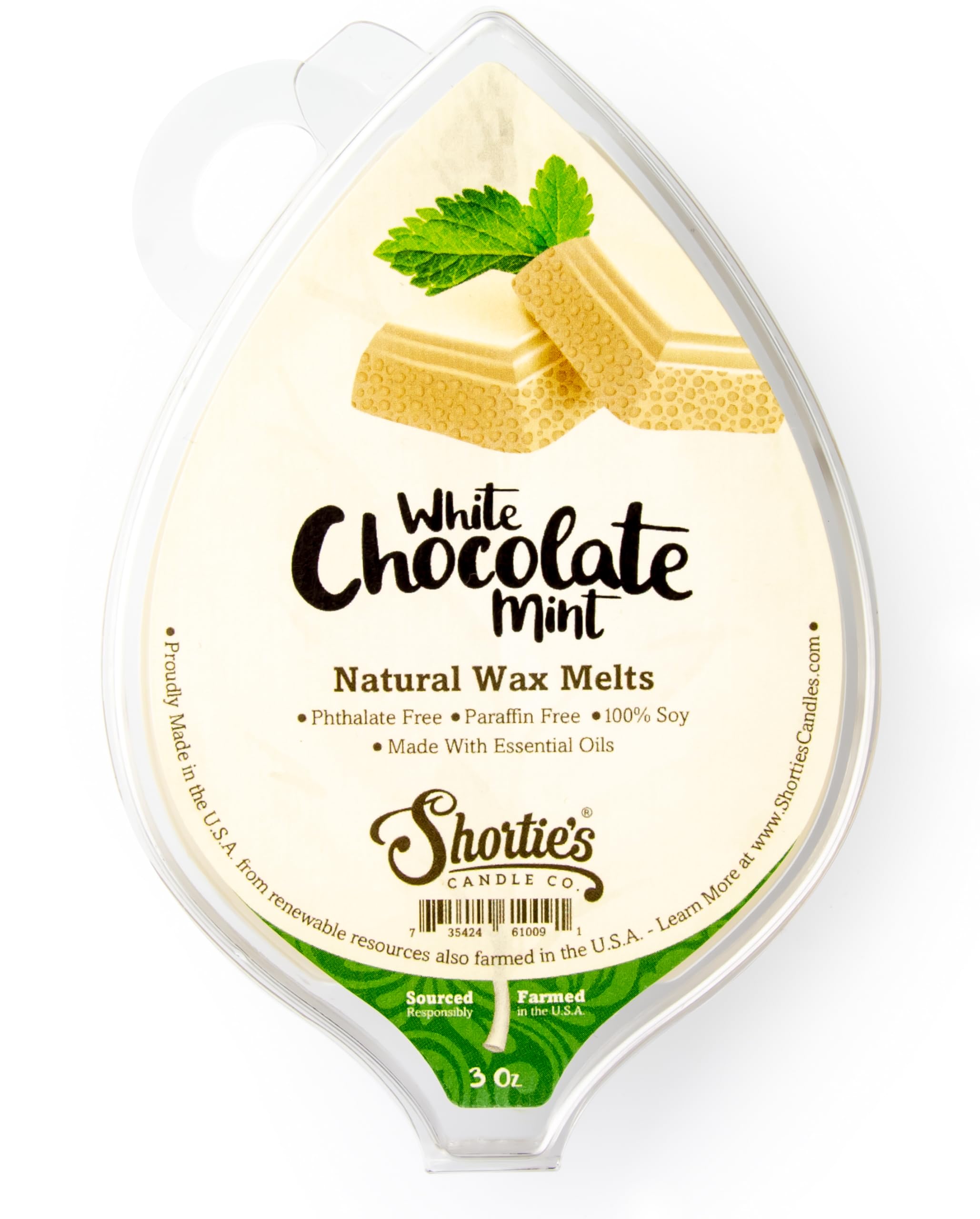 Shorties Candle Company White Chocolate Mint Natural Soy Wax Melts - 1 Highly Scented 3 Oz. Bar - Made with 100% Soy and Essent