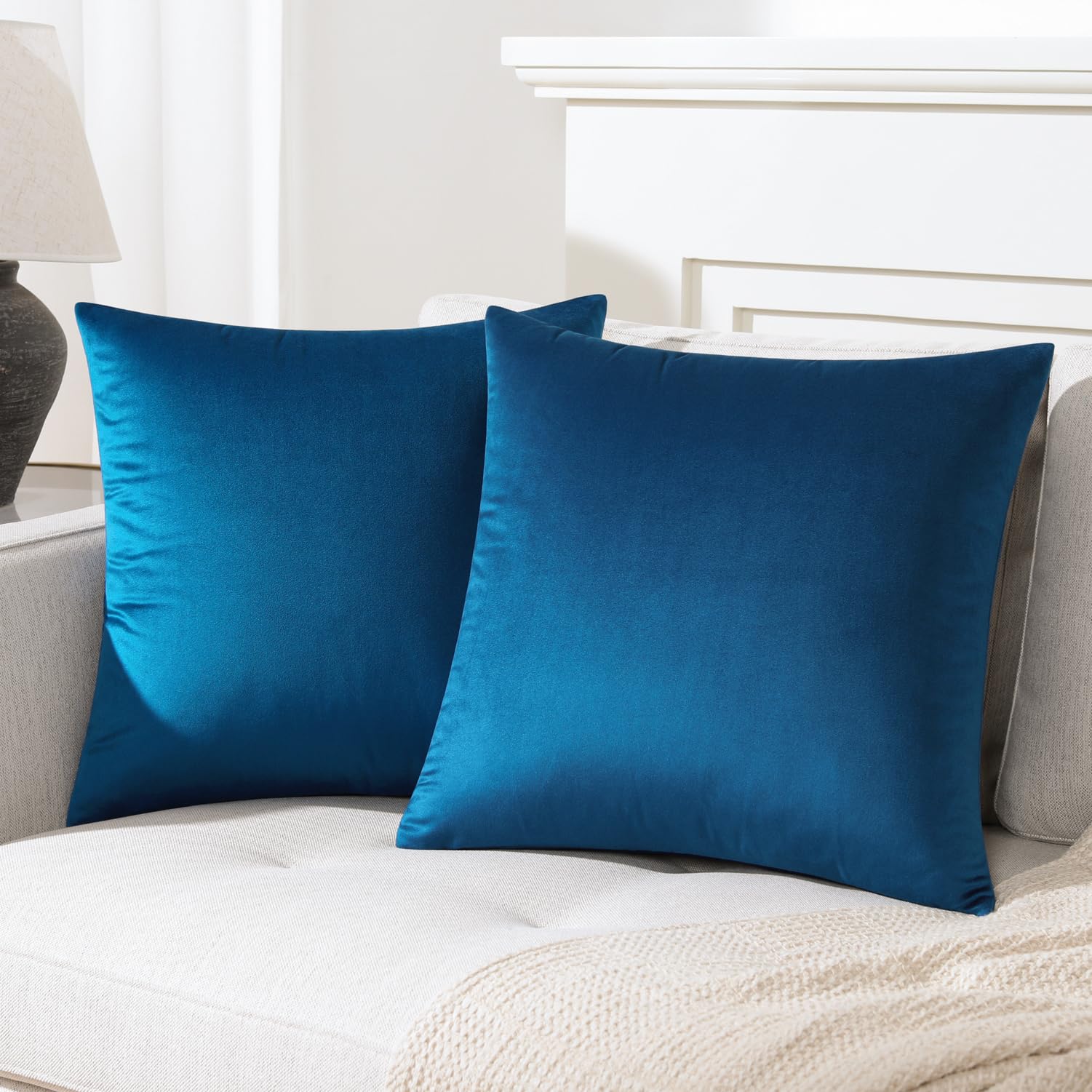 Mixhug Decorative Throw Pillow Covers, Velvet Cushion Covers, Solid Throw Pillow Cases For Couch And Bed, Blue, 22 X 22 Inches,