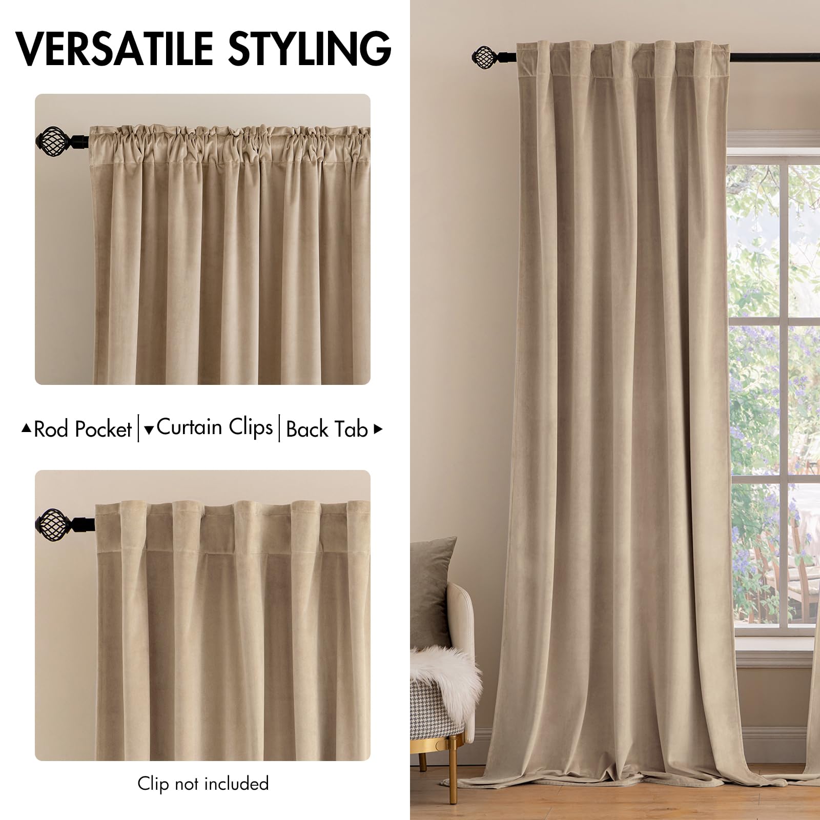 Miulee Velvet Curtains 2 Panels Luxury Blackout Curtains For Bedroom Living Room Thermal Insulated Super Soft Window Drapes Rod Pocket & Back Tab, Camel Beige, W52 X L72 Inches