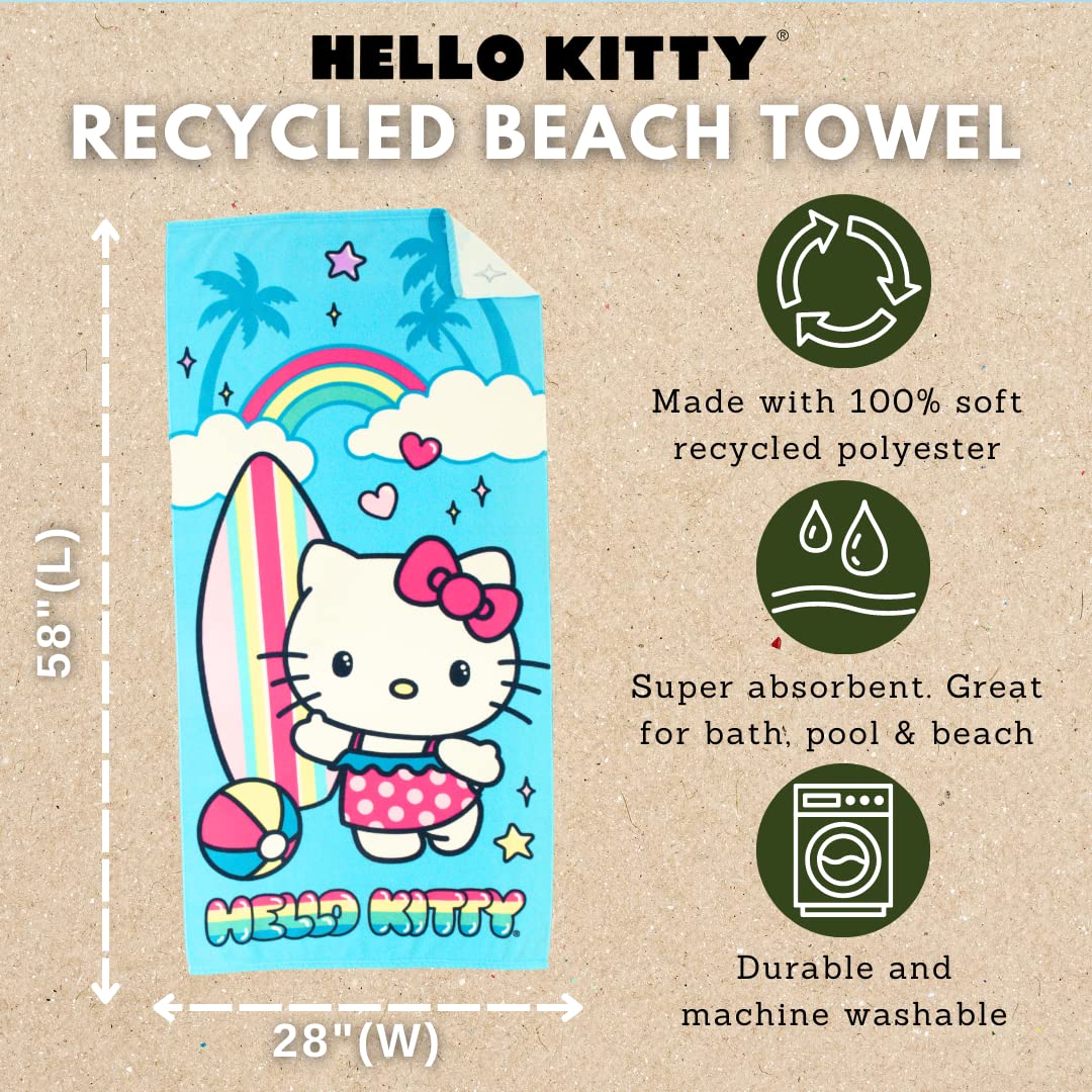 Franco Sanrio Hello Kitty Super Soft Lightweight 100% Recycled Bath/Pool/Beach Towel Made From Recycled Plastic Bottles, 60 In X