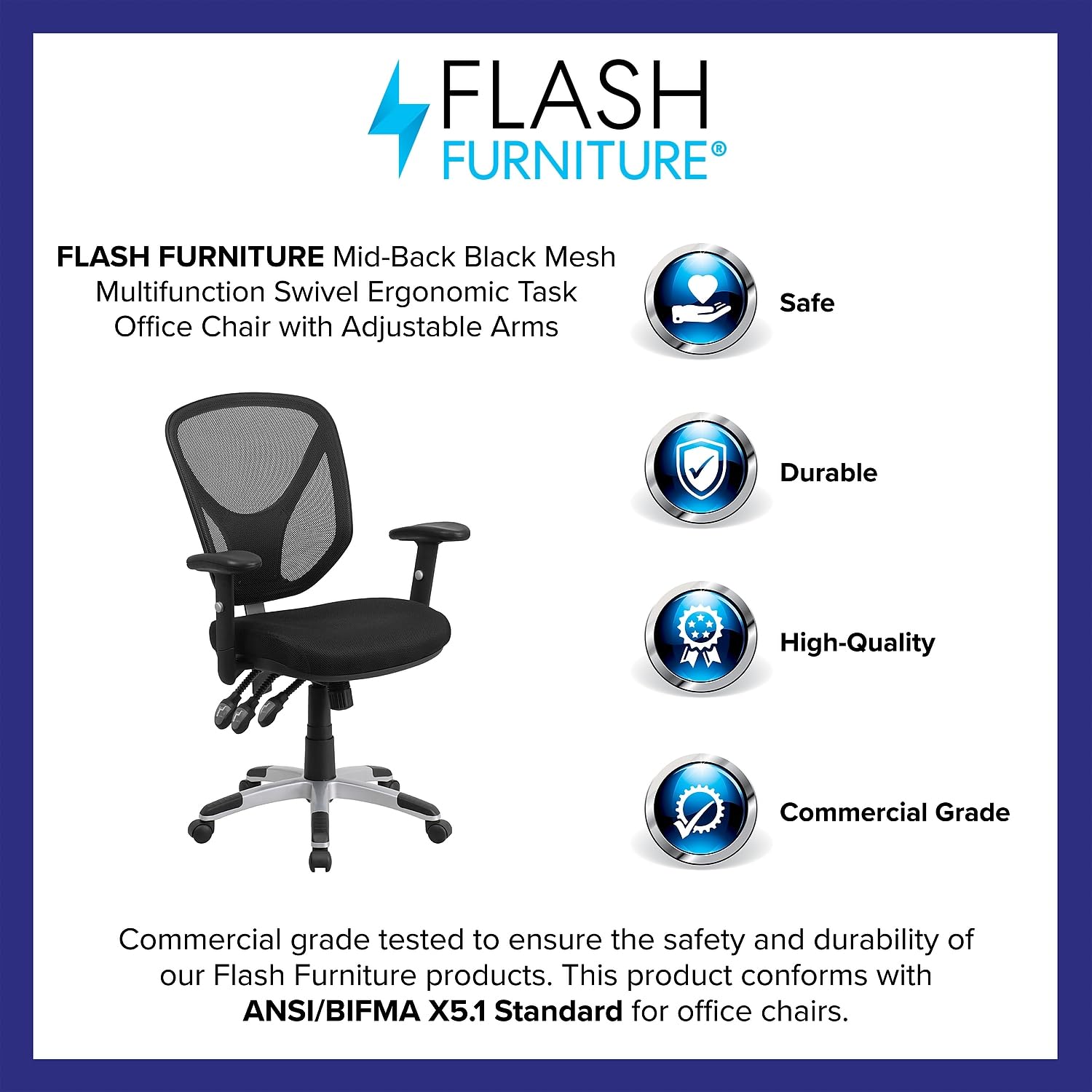 Flash Furniture Sam Mid-Back Black Mesh Multifunction Swivel Ergonomic Task Office Chair With Adjustable Arms