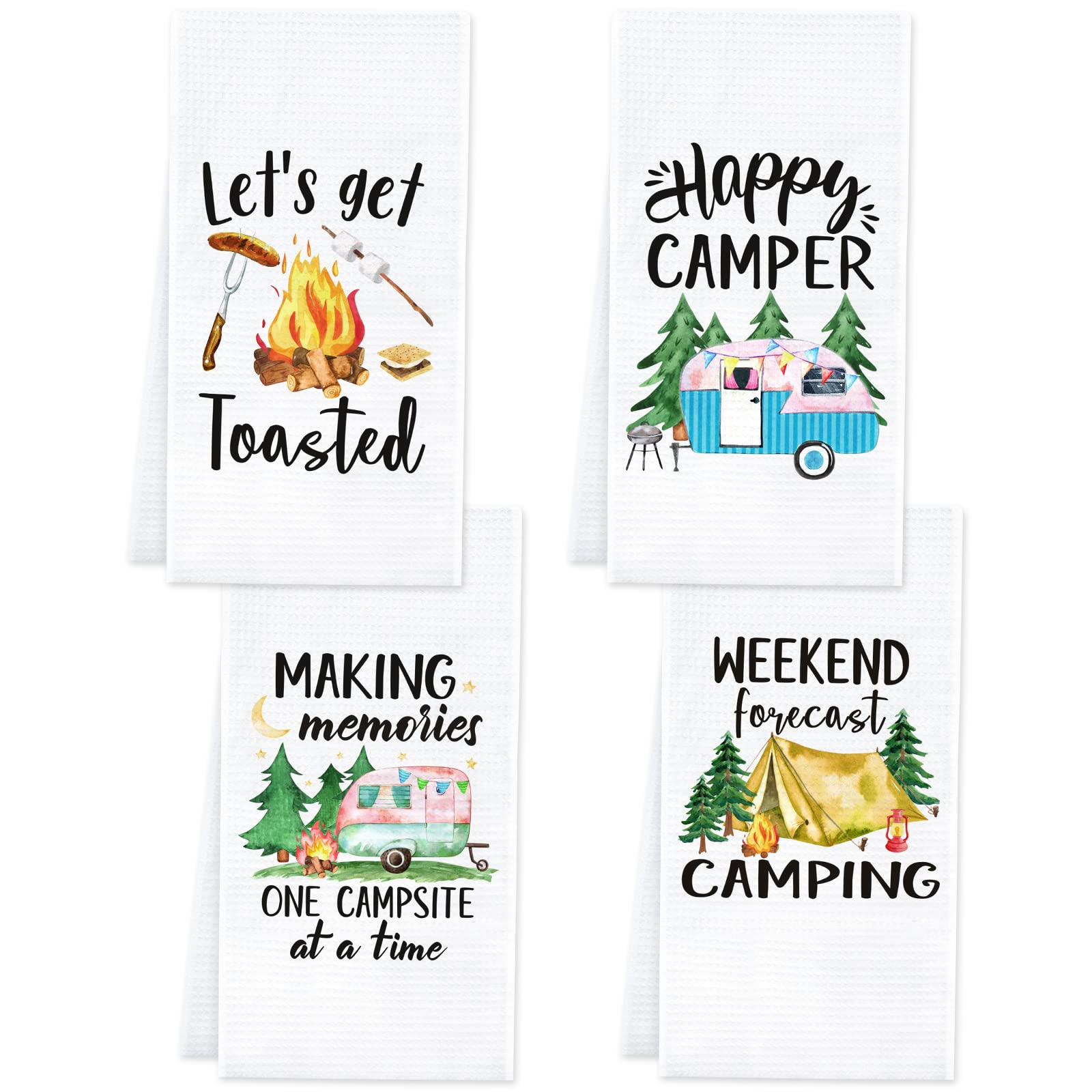 Vansolinne Camping Kitchen Towels Set of 4 Dish Towels White Kitchen Hand Towels Kit Printed with Funny Sayings Novelty Gifts fo