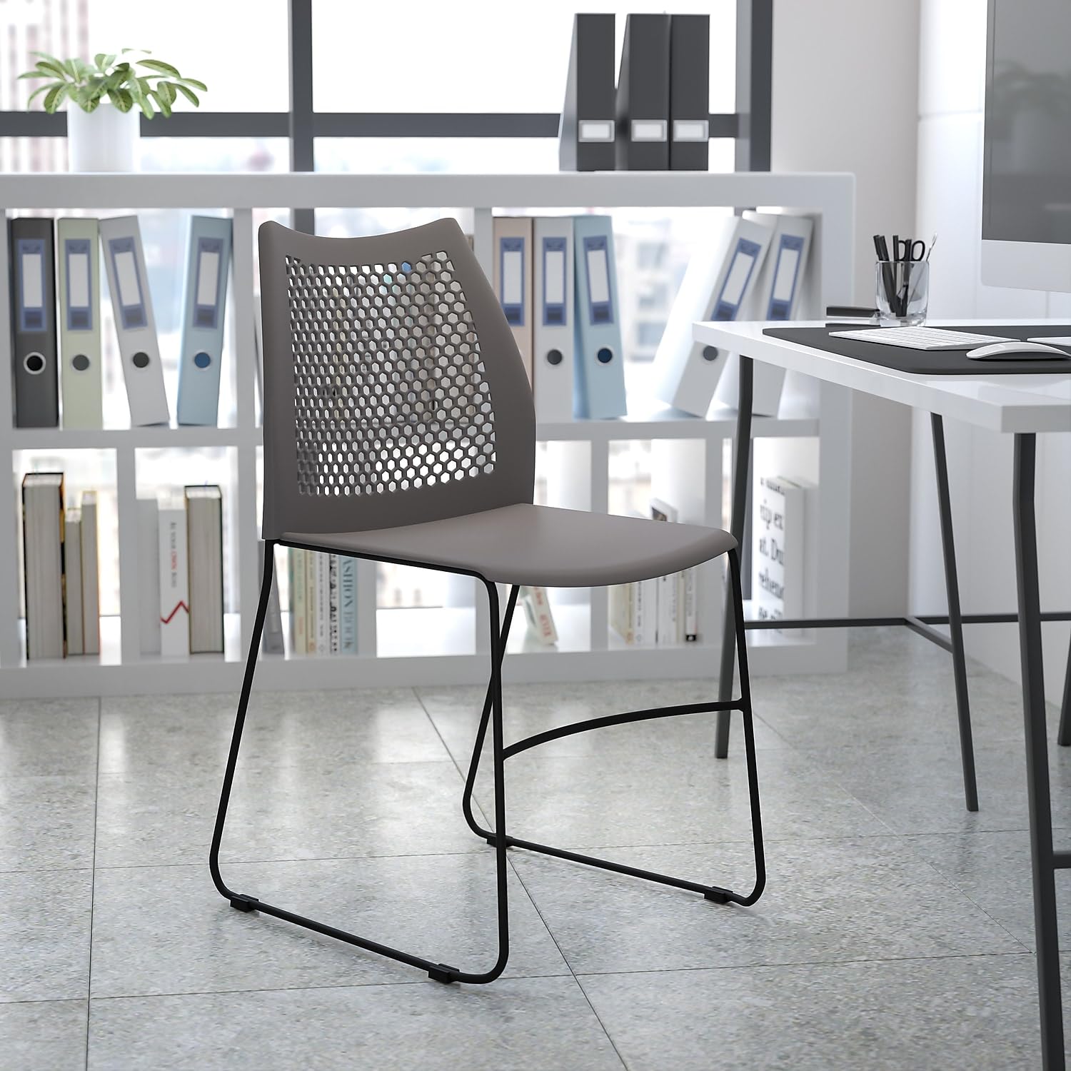 Flash Furniture Hercules Series 661 Lb. Capacity Gray Stack Chair With Air-Vent Back And Black Powder Coated Sled Base