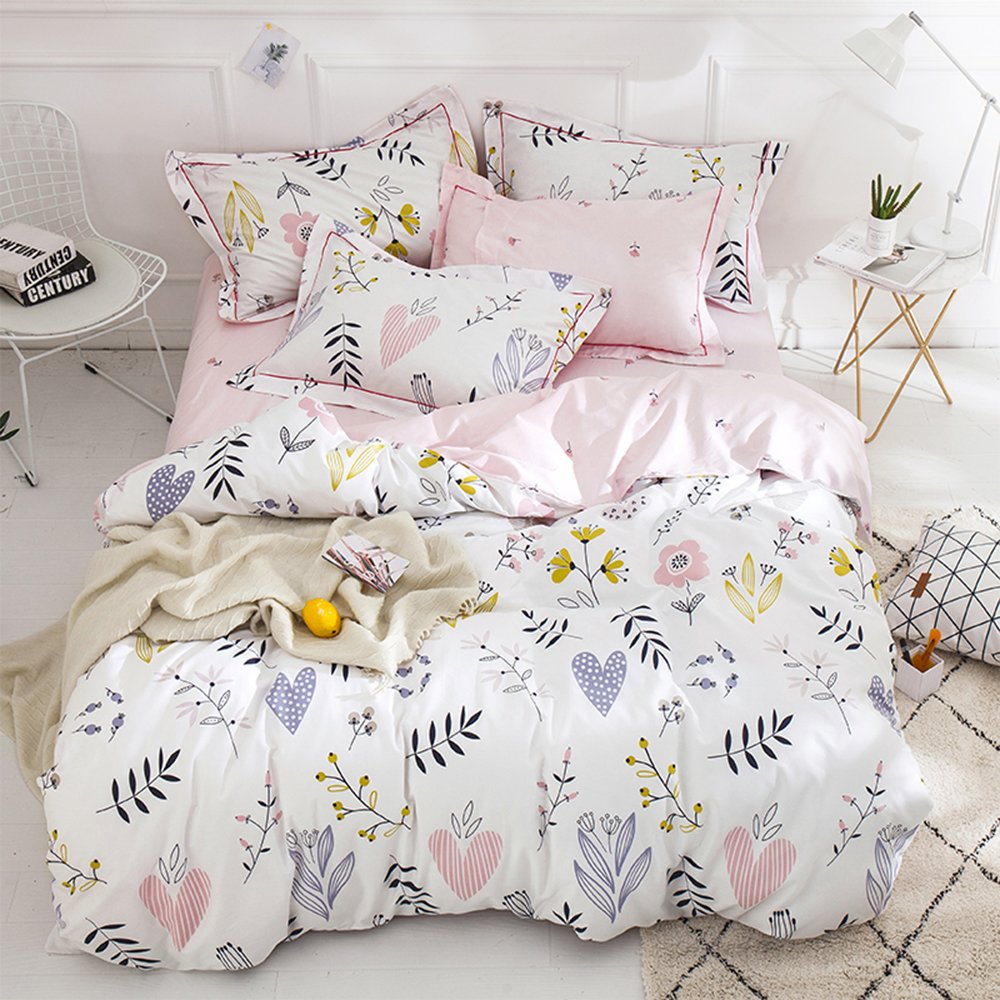 Bulutu Floral Love Print Girls Duvet Cover Full White/Pink Cotton Premium Blossom Kawaii Reversible Kids Bedroom Comforter Cover