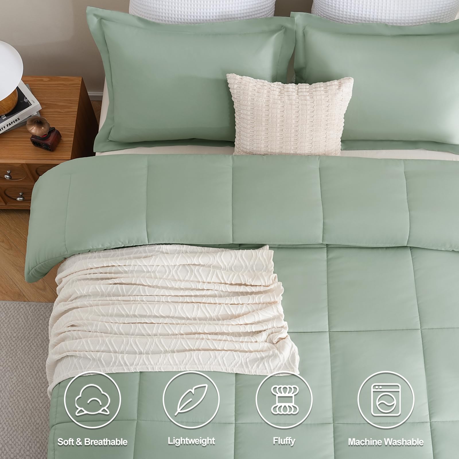 Cozylux Queen Comforter Set - Sage Green Comforter Queen Size, 3 Pieces Box Stitched Bed Set For All Seasons, Soft Lightweight Bedding Sets With 1 Down Alternative Comforter And 2 Pillow Shams