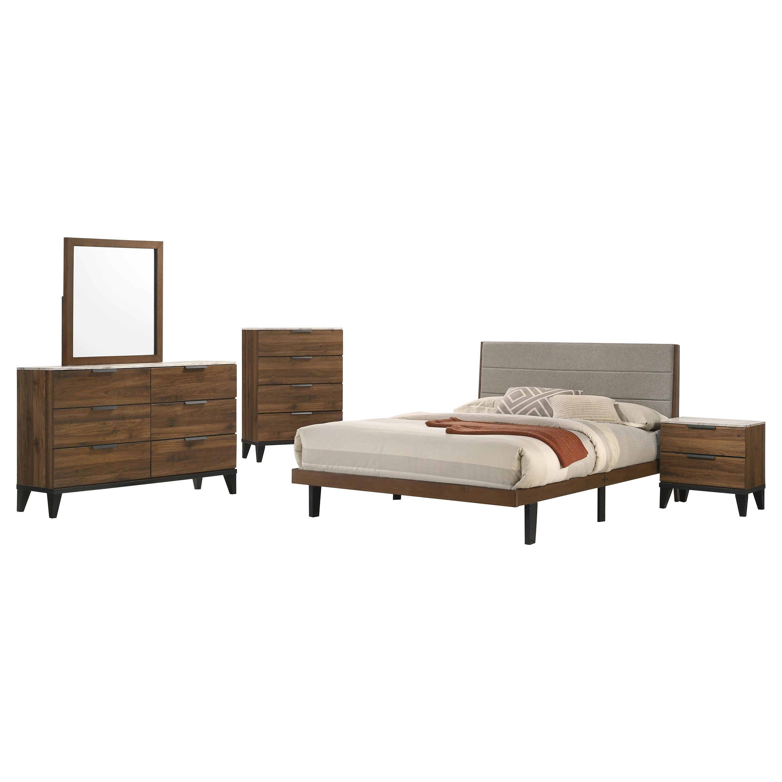 Coaster Home Furnishings Mays Contemporary 5-Piece Bedroom Set Fabric Upholstered Eastern King Size Panel Bed Frame 43-Inch Headboard Walnut 215961Ke-S5