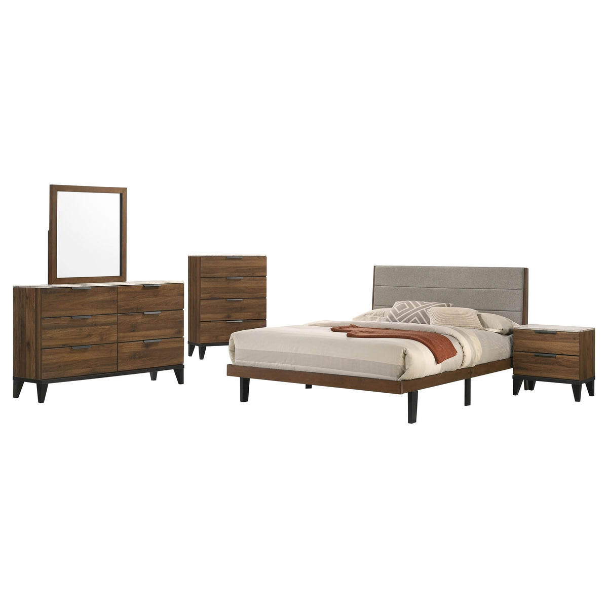 Coaster Home Furnishings Mays Contemporary 5-Piece Bedroom Set Fabric Upholstered Eastern King Size Panel Bed Frame 43-Inch Headboard Walnut 215961Ke-S5