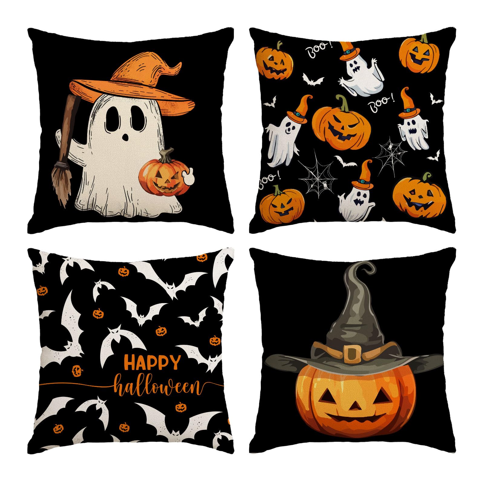 Halloween Pillow Covers 16X16 Set Of 4 Ghost Pumpkin Decorative Throw Pillows Cover Black Spider Webs Pillow Cases Home Outdoor