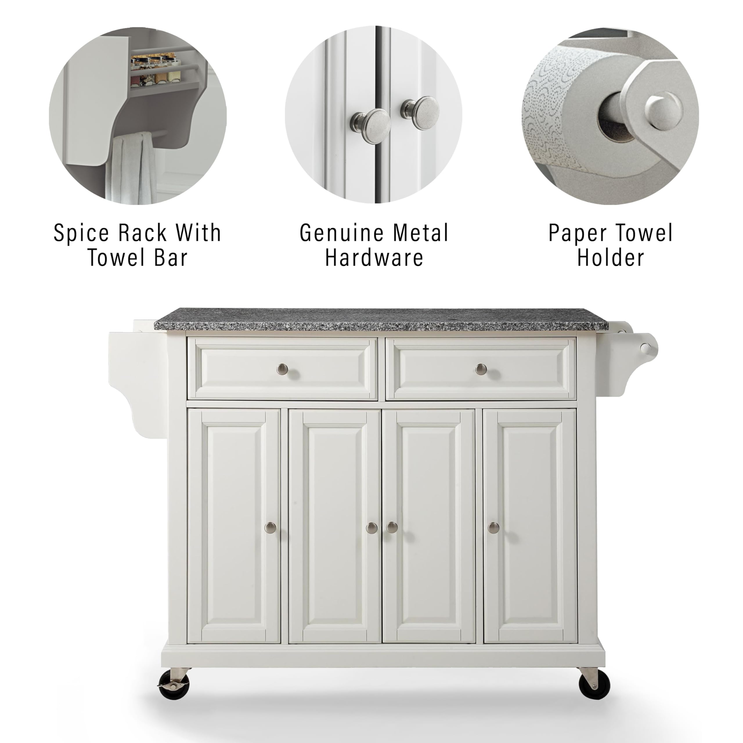 Crosley Furniture Full Size Granite Top Rolling Kitchen Island Storage Cart, Microwave Stand, Spice Rack, White