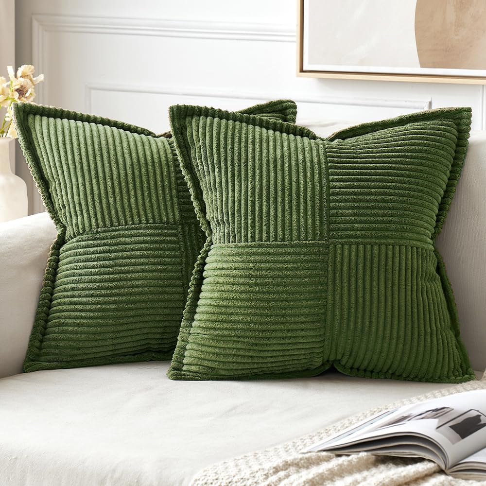 Miulee Moss Green Corduroy Pillow Covers 16X16 Inch With Splicing Set Of 2 Super Soft Boho Striped Pillow Covers Broadside Decor