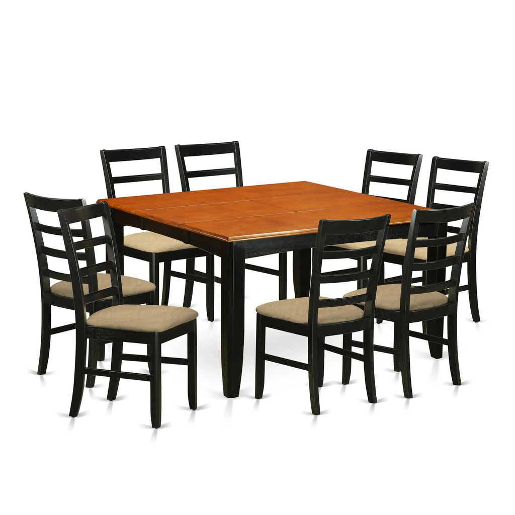 East West Furniture PARF9-BCH-C 9 Piece Dining Table Set Includes a Square Dinner Table with Butterfly Leaf and 8 Linen Fabric Dining Room Chairs, 54x54 Inch, Black & Cherry