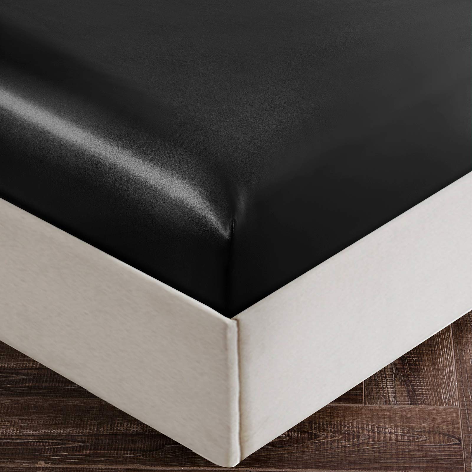 Siinvdabzx 3-Piece Set Satin Queen Fitted Sheet & 2 Pillowcase, Black Silky Soft Fitted Bottom Sheet, Wrinkle Free, Fade Resista