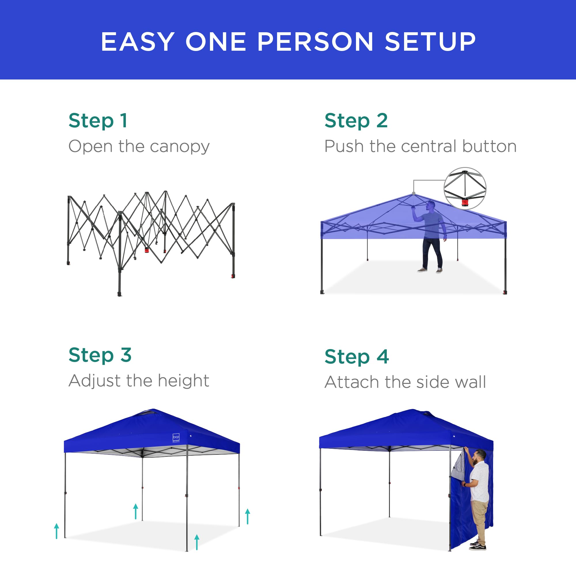 Best Choice Products 10X10Ft Easy Pop Up Canopy W/Side Wall, 10 Pockets, Portable Carrying Case, 1-Button Setup, 4 Weight Bags - Resort Blue
