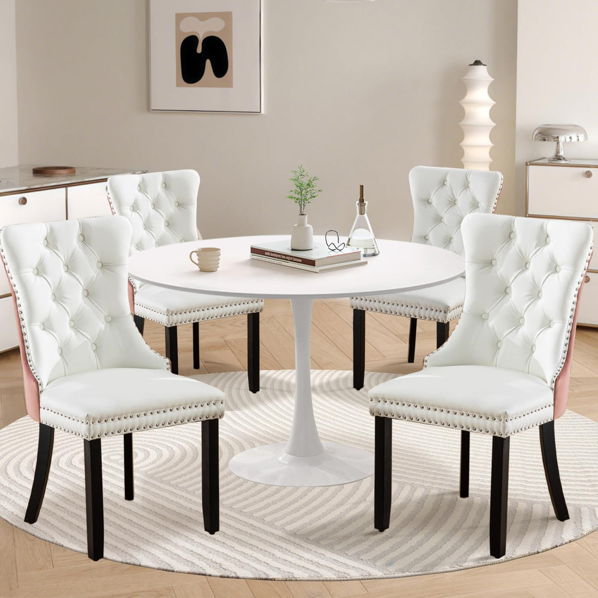 Soartalent 5-Piece 42' Round Dining Table Set For 4, White Table & 4 Pink&White Pu Velvet Upholstered Dining Chairs, Modern Sty