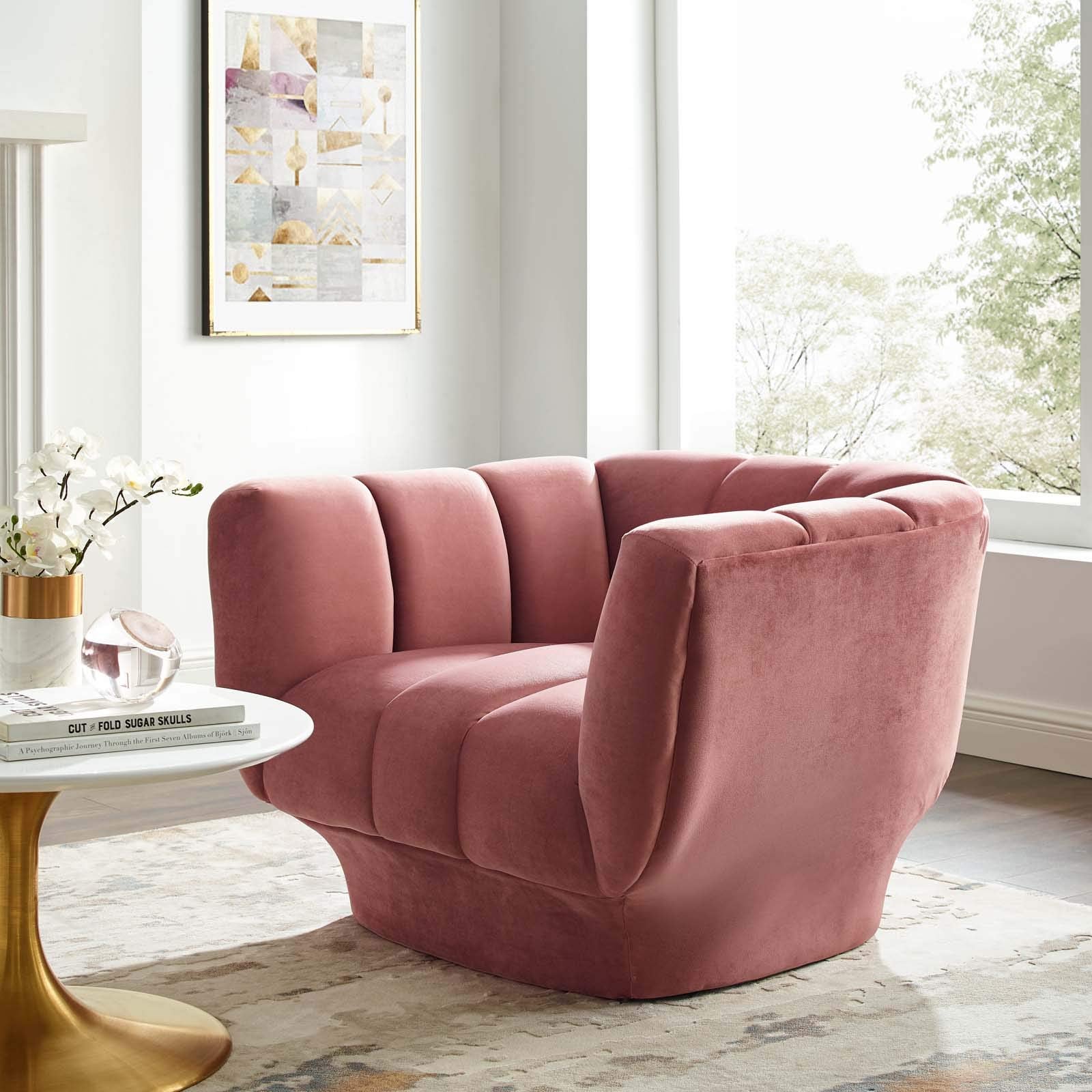 Modway Entertain Vertical Channel Tufted Performance Velvet Accent Lounge Armchair In Dusty Rose