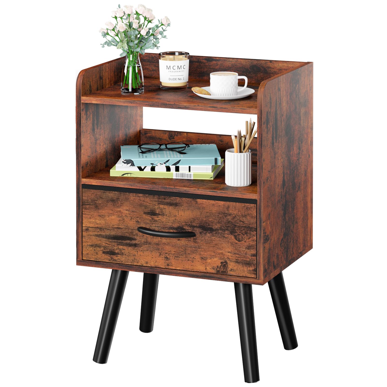Yoobure Night Stand with Fabric Drawer, Modern Nightstand, Bedside Tables, Mid Century Nightstands with Open Storage Shelf, Wood