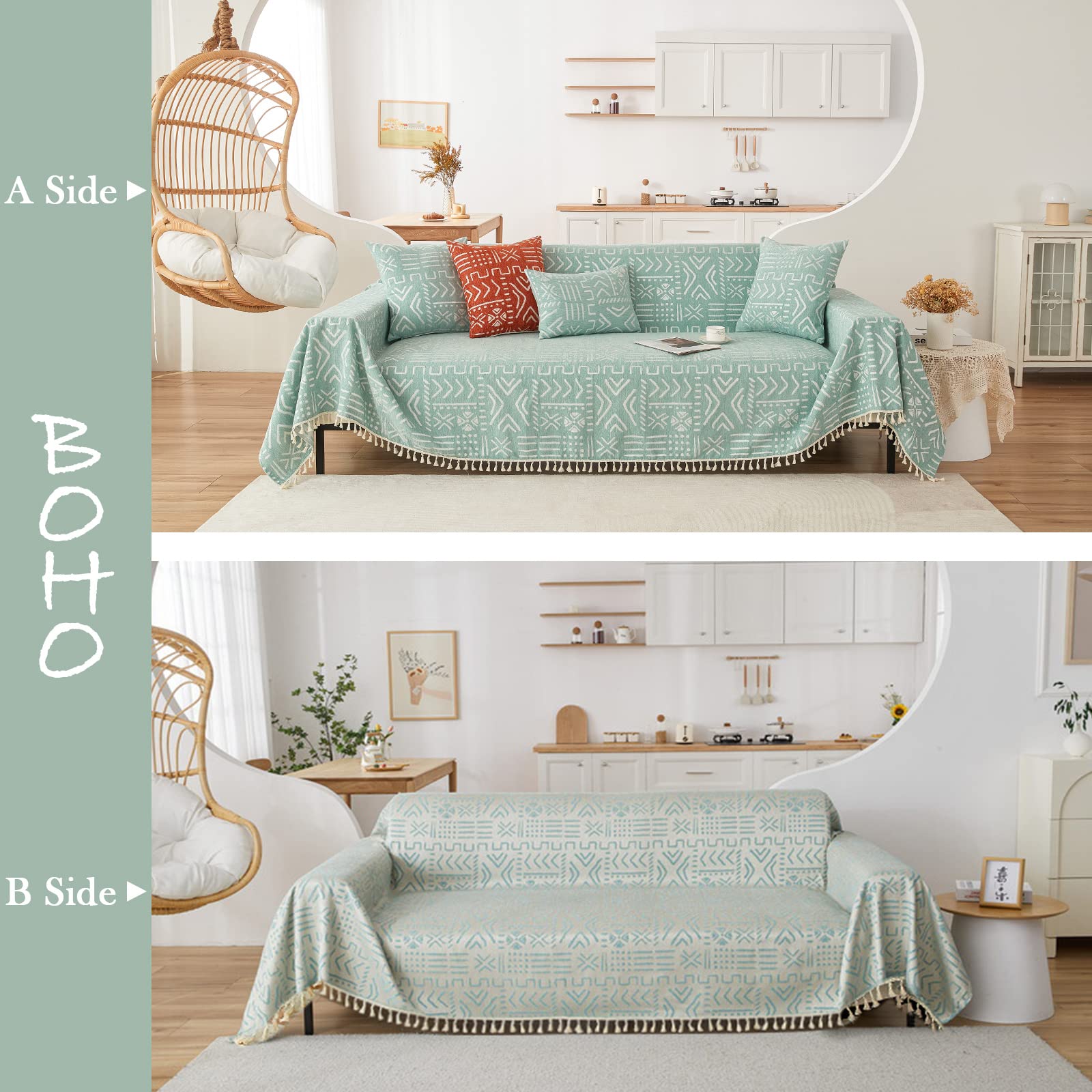 Handontime Farmhouse Couch Cover Tassel Light Green Sofa Covers For Dogs Boho Décor Geometric Aztec Couch Cushion Cover Sofa Protector Cover Sectional Couch Covers For 3 Cushion Couch, 71' X134'