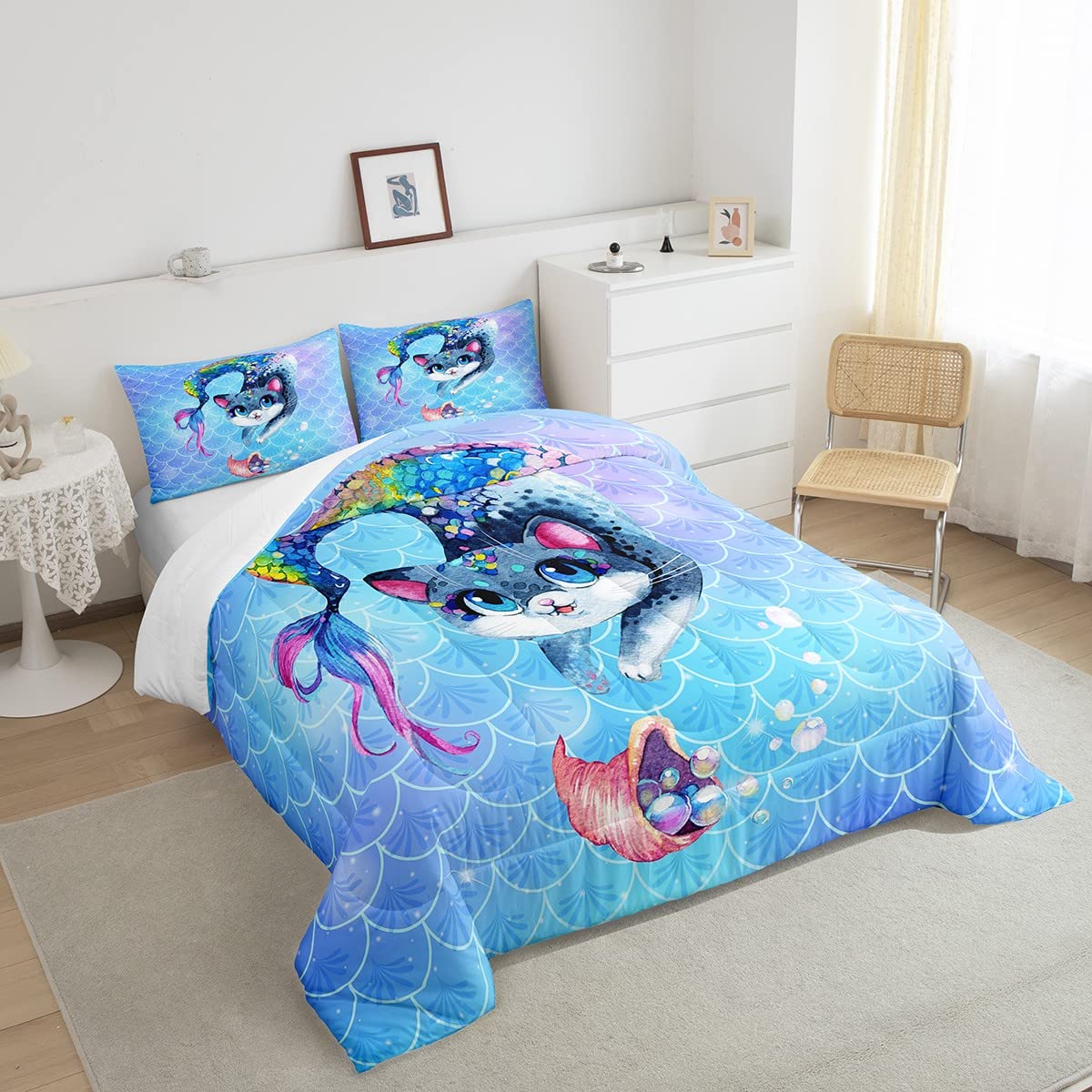 Rainbow Cartoon Cat Bed Sheet Set Colorful Mermaid Comforter Set For Kids Boys Girls Teens Room Decor Blue Mermaid Scales Beddin