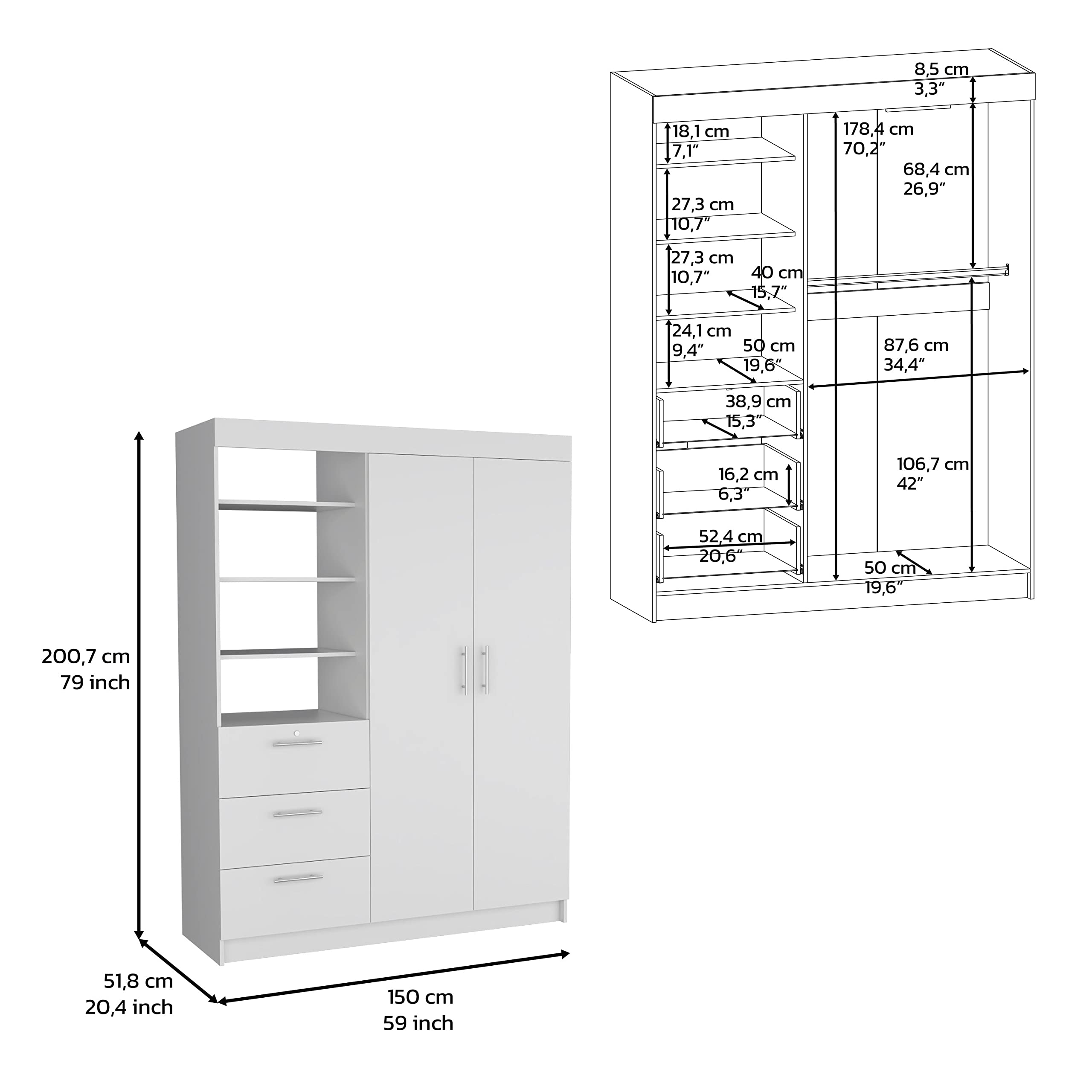 Depot E-Shop Laurel 3-Tier Shelf And Drawers Armoire With Metal Handles, White