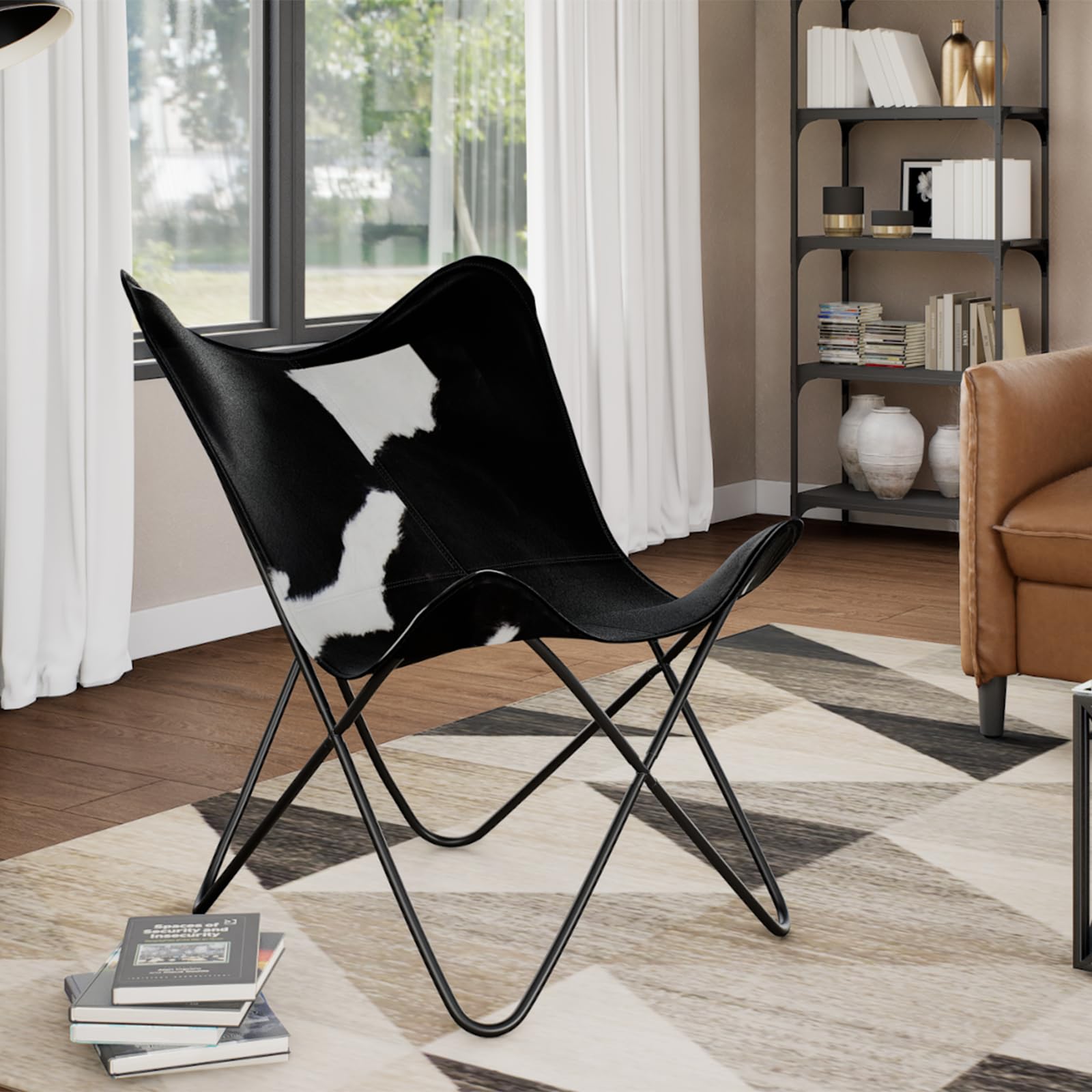 vidaXL Butterfly Chair, Lightweight Armchair with Powder-Coated Steel Frame, Comfortable Genuine Goat Leather, Versatile Utility 17.91" x 25.79" x 4.13", Black & White