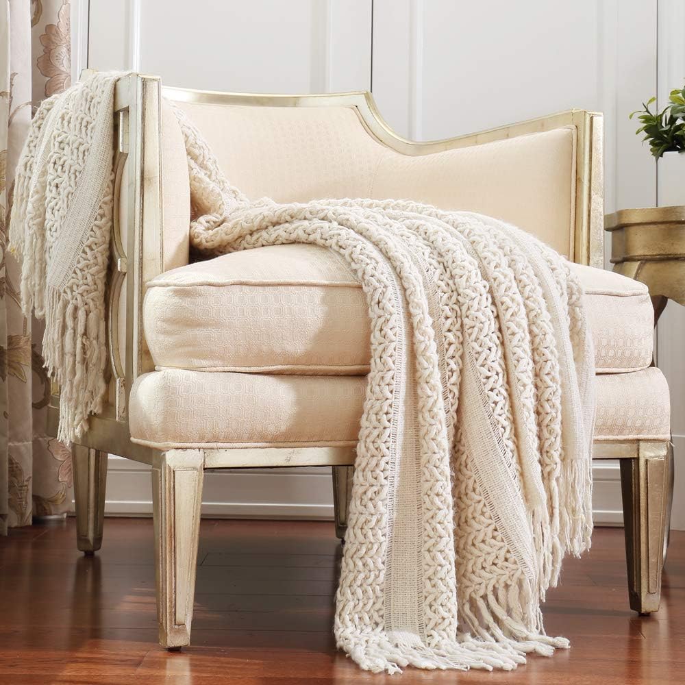 Crevent Home Decor Farmhouse Couch Sofa Chair Bed Throw Blanket, Soft Warm Cozy Light Weight For Travelling (50''X60'' Beige/Ivo