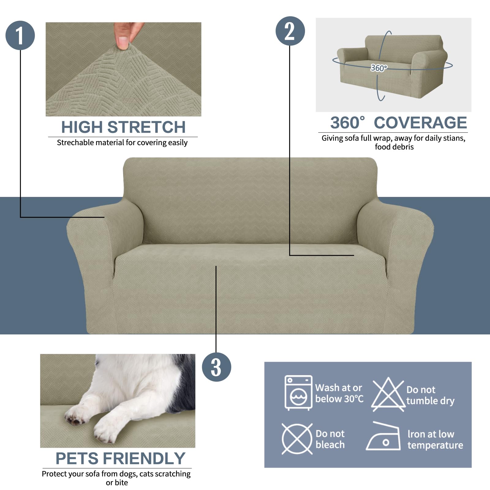 Jiviner Stretch Sofa Covers 1 Piece Couch Covers For 3 Cushion Couch Sofa, 3 Seater Sofa Slipcovers Furniture Protector With Elastic Bottom For Kids, Pets (Khaki, Sofa)