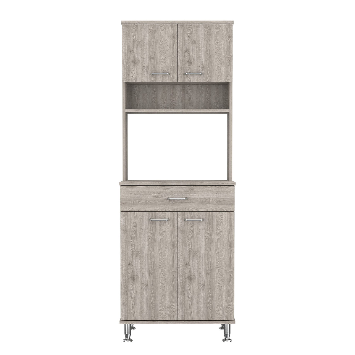 Pantry Cabinet 67&quot; H, 4 Doors, 1 Drawer, 3 Internal Shelves, 2 External Storage Shelves, Microwave Storage Option, 4 Legs, Light Gray