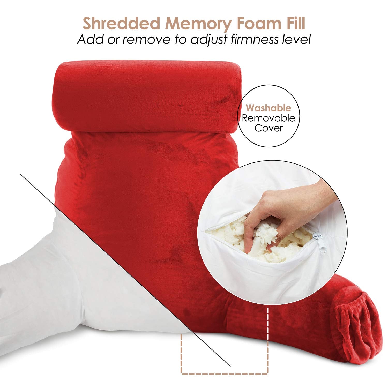 Nestl Reading Pillow Large Bed Pillow, Back Pillow For Sitting In Bed Shredded Memory Foam Chair Pillow, Reading & Bed Rest Pillows Cherry Red Back Pillow For Bed, Bed Chair Arm Pillow With Pockets