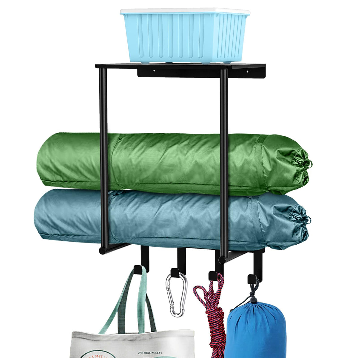 Camping Chair Storage, Metal Camping Chair Holder For Garage With 4 Hooks, Beach Chair And Umbrella Wall Storage Rack, Black