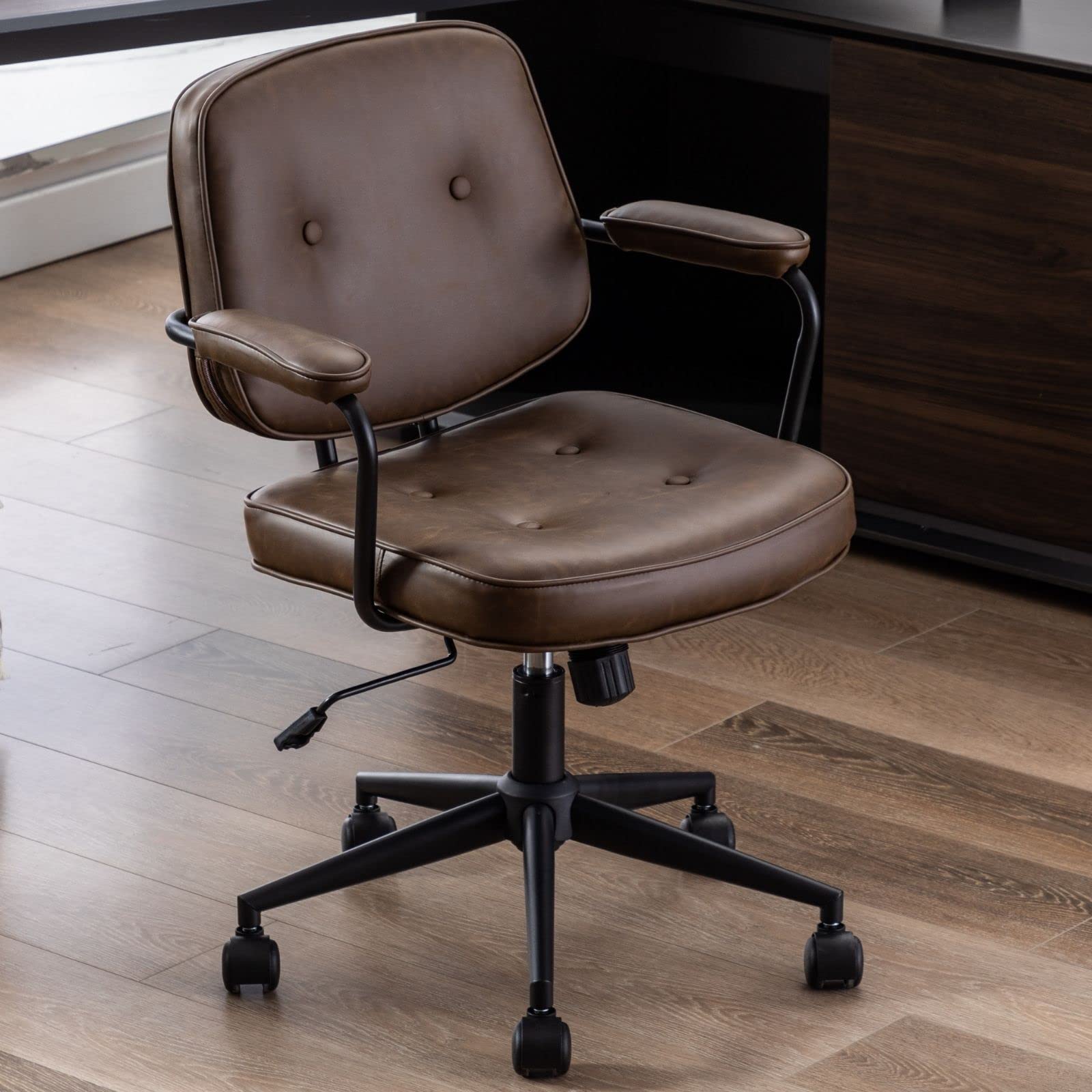 LukeAlon Adjustable Pu Leather Home Office Chair, Comfy 360 Swivel Task Chair with Armrest Modern Thickened Seat Desk Chair Tilt