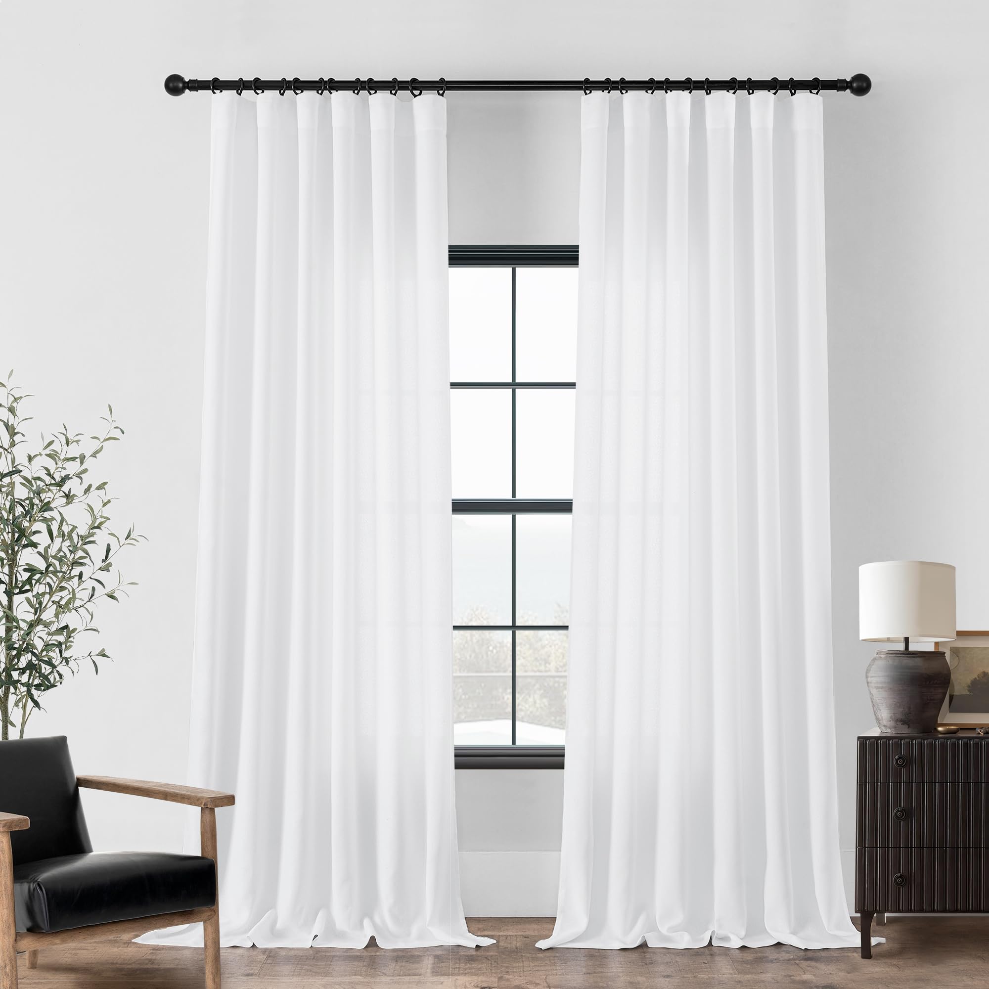 White Linen Curtains 107 Inches Long For Living Room 2 Panels Set Light Filtering Semi Sheer Curtains Luxury Rod Pocket Hook Bel