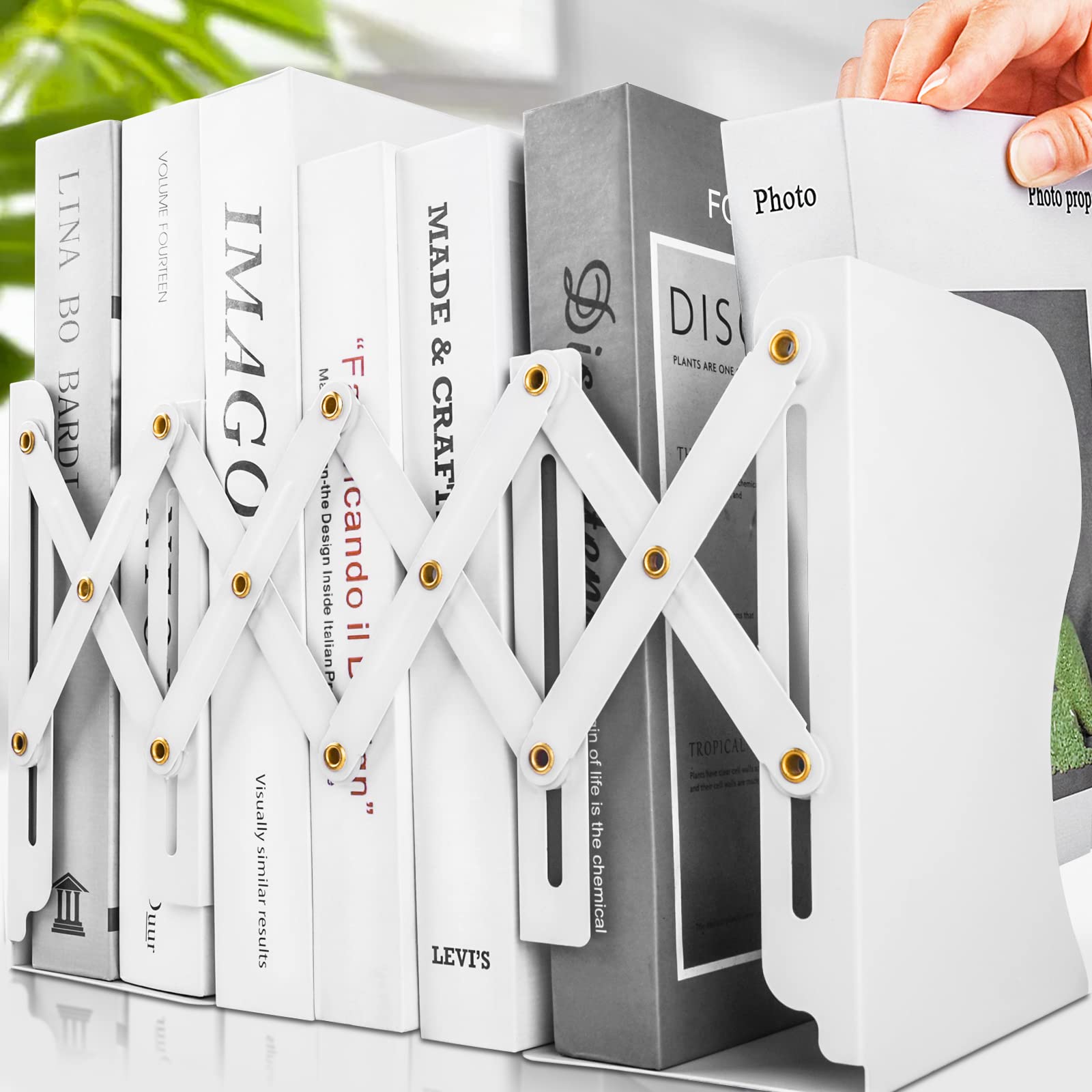 Non Skid Book Ends To Hold Books, Carooyac Heavy Duty Bookends Adjustable Book End, Metal Bookends For Shelves, White Book Holde