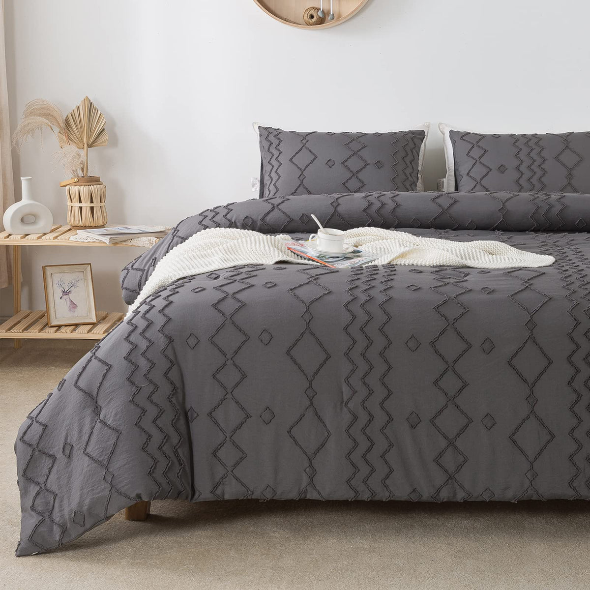 Andency Dark Gray Tufted Comforter Set King(104X90Inch), 3 Pieces(1 Tufts Comforter, 2 Pillowcases) Boho Textured Farmhouse Comforter, Microfiber Down Alternative Geometric Comforter Bedding Set