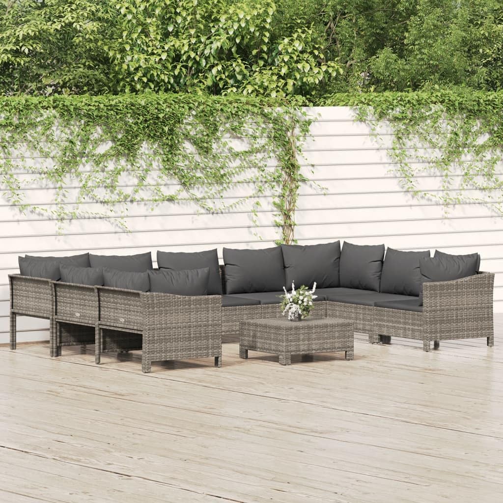 vidaXL Patio Furniture Set 10 Piece, Outdoor Armchair Sofa Ottoman with Cushions, Sectional Conversation Set for Garden Balcony, Gray Poly Rattan