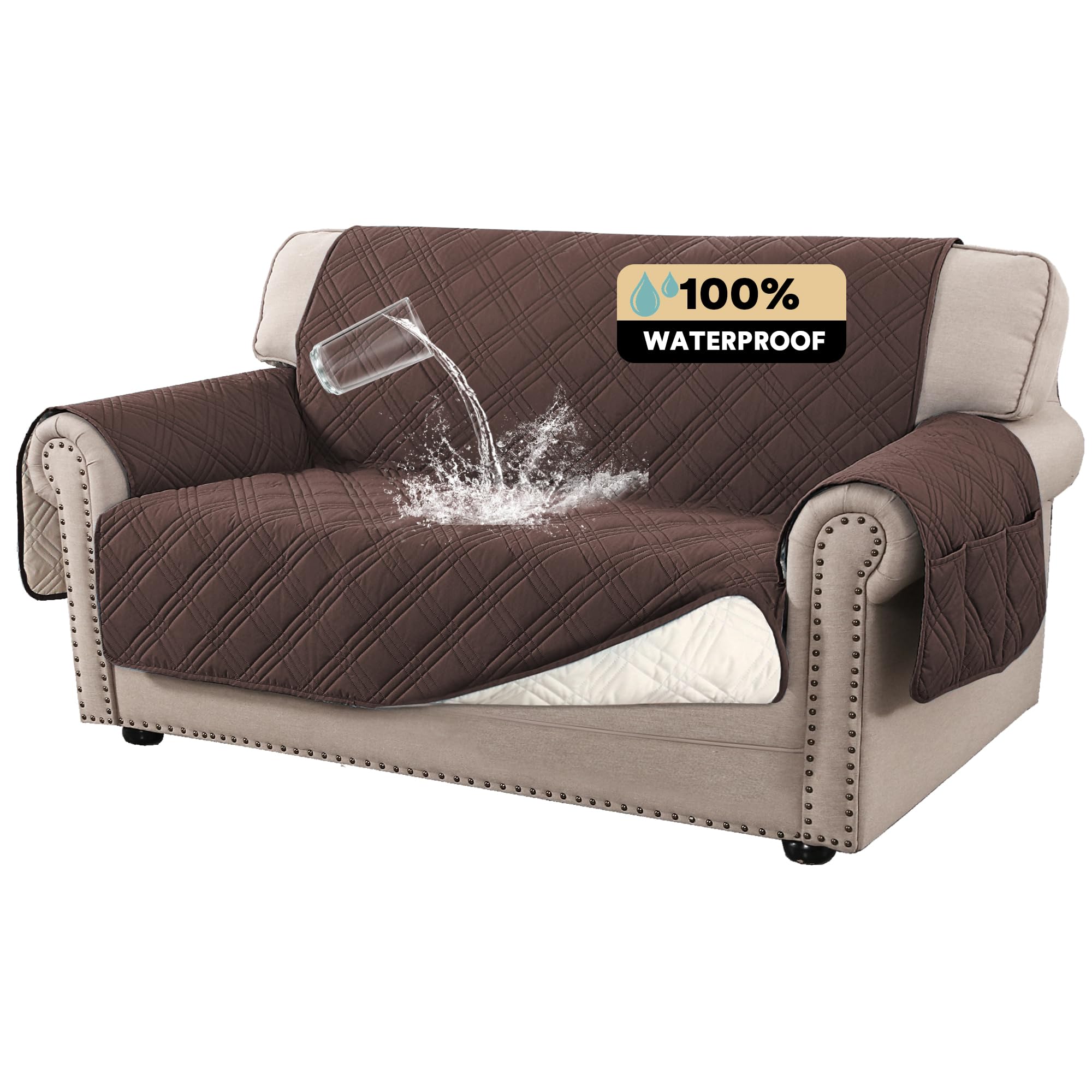 Princedeco 100% Waterproof Loveseat Covers For 2 Cushion Couch Sofa Covers Waterproof And Washable Sofa Slipcover With Side Pocket Furniture Protector With Elastic Straps(Loveseat 48', Brown)
