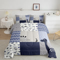 Cute Dinosaur Full Size Comforter Set Blue Gray Grid Bedding Set For Kids Adults Teens Kids Cartoon Animals Comforter Luxury Waves Stripes Quilt Set Room Decor 3Pcs