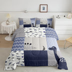 Cute Dinosaur Full Size Comforter Set Blue Gray Grid Bedding Set For Kids Adults Teens Kids Cartoon Animals Comforter Luxury Waves Stripes Quilt Set Room Decor 3Pcs