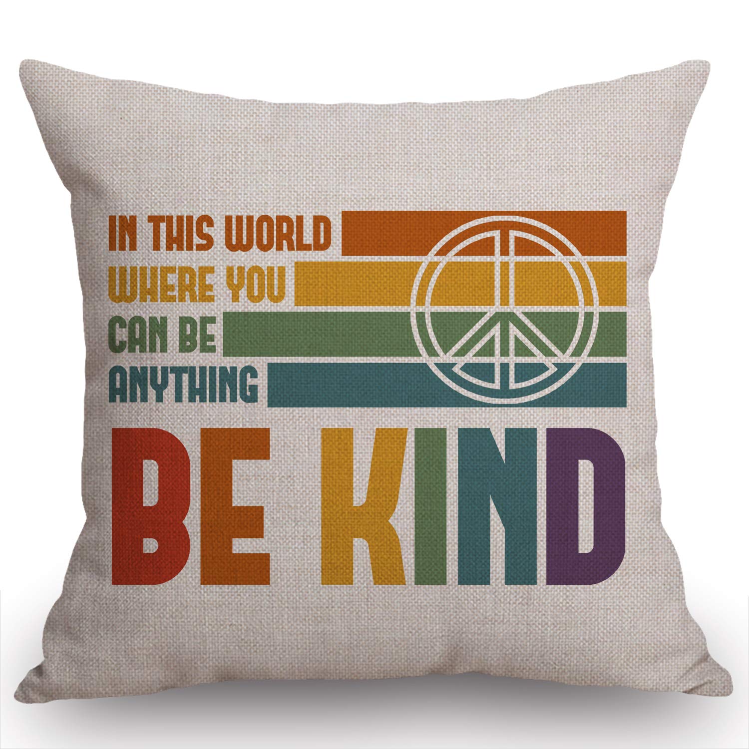 Swono Be Kind Decorative Cotton Linen Throw Waist Pillow Case Cushion Cover Rainbow And Peace Sign Pillowcase 18X18 Inches