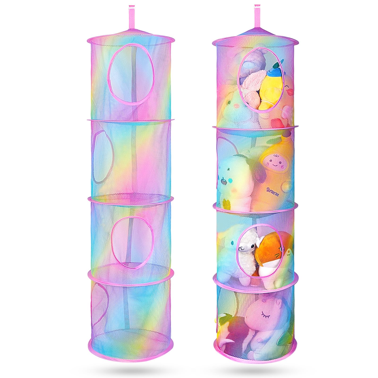 Basumee Stuffed Animals Net Or Hammock 2 Pcs Stuffed Animals Storage Toy Net Hammock For Stuffed Animals Organizer Mesh Hammock Kids Girls Room Decor, Rainbow, 4 Tiers
