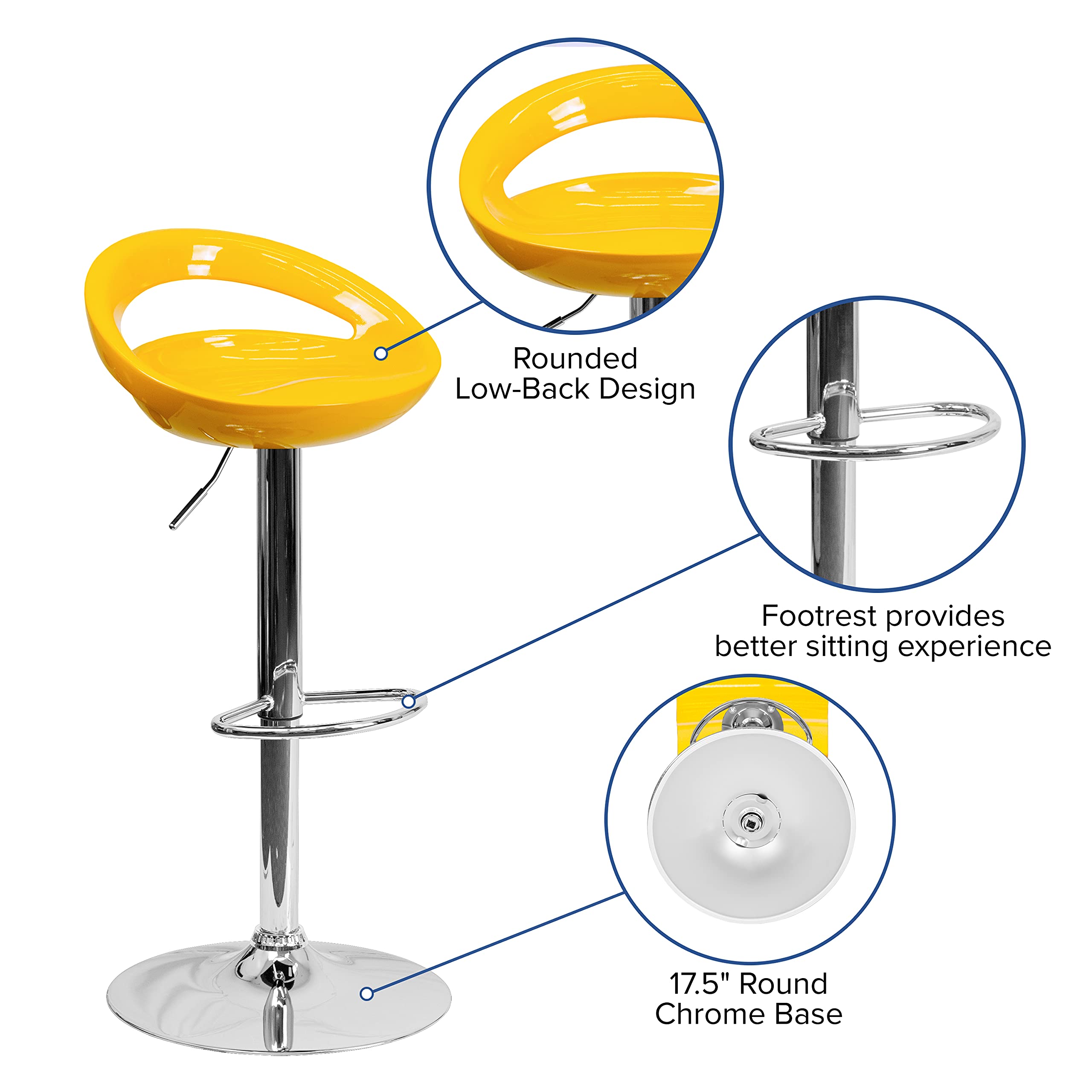 Flash Furniture Contemporary Yellow Plastic Adjustable Height Barstool With Chrome Base
