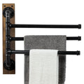 MyGift 3 Tier Wall Mounted Swivel Bathroom Towel Rack with 180 Degree Swing Industrial Matte Black Metal Pipe Bars on Rustic Bur