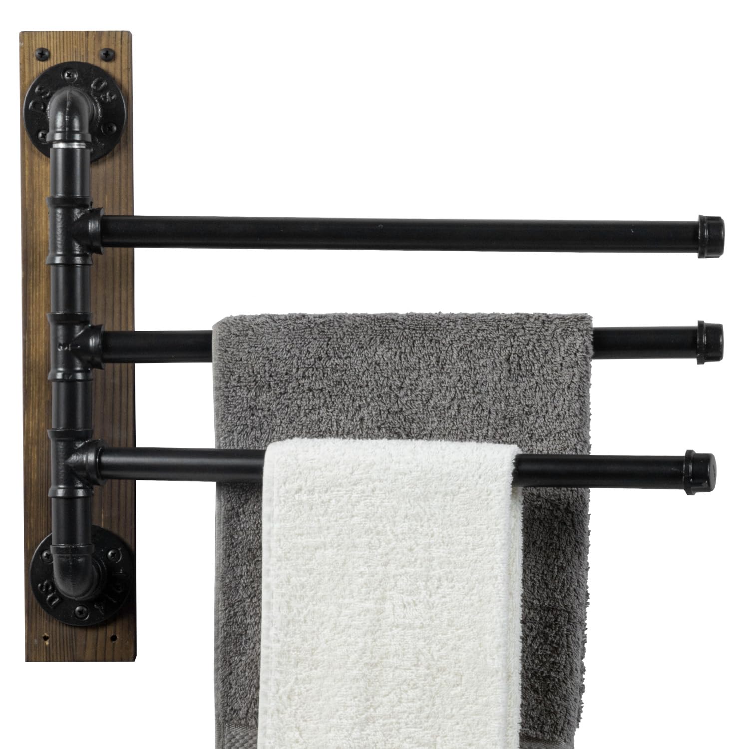 MyGift 3 Tier Wall Mounted Swivel Bathroom Towel Rack with 180 Degree Swing Industrial Matte Black Metal Pipe Bars on Rustic Bur