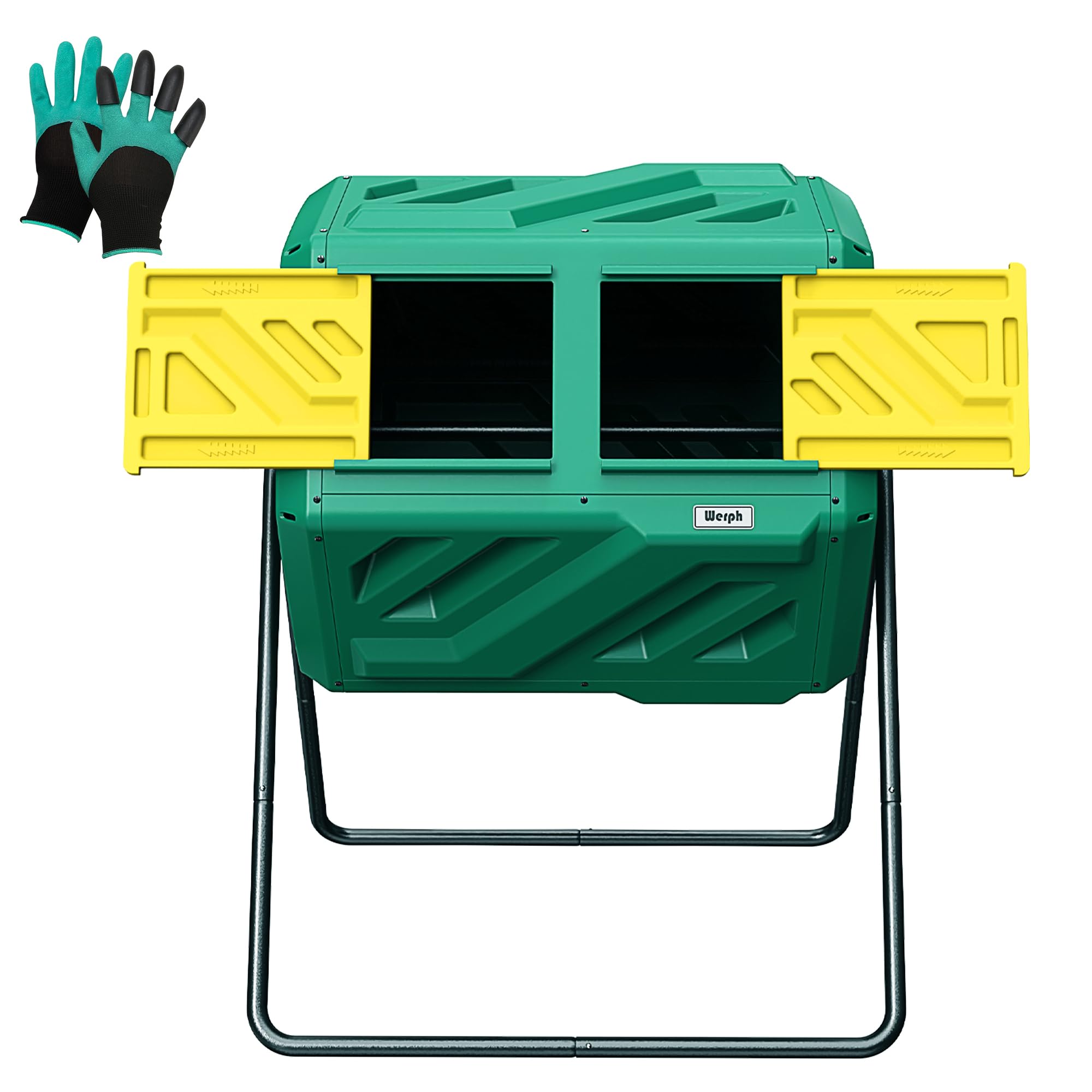 Werph 43 Gallon Compost Bin with Gloves, Fast Assembly & Easy Setup Outdoor Compost Tumbler, Updated Dual Chamber Tumbling Compo