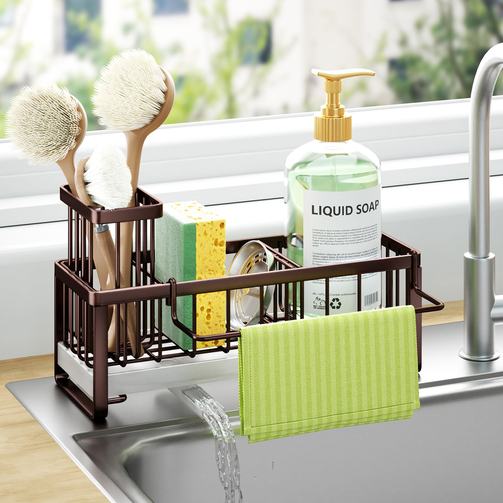 HapiRm Sponge Holder for Kitchen Sink - Self-draining Sink Caddy with Brush and Dishcloth Holders, Stainless Steel Kitchen Organ