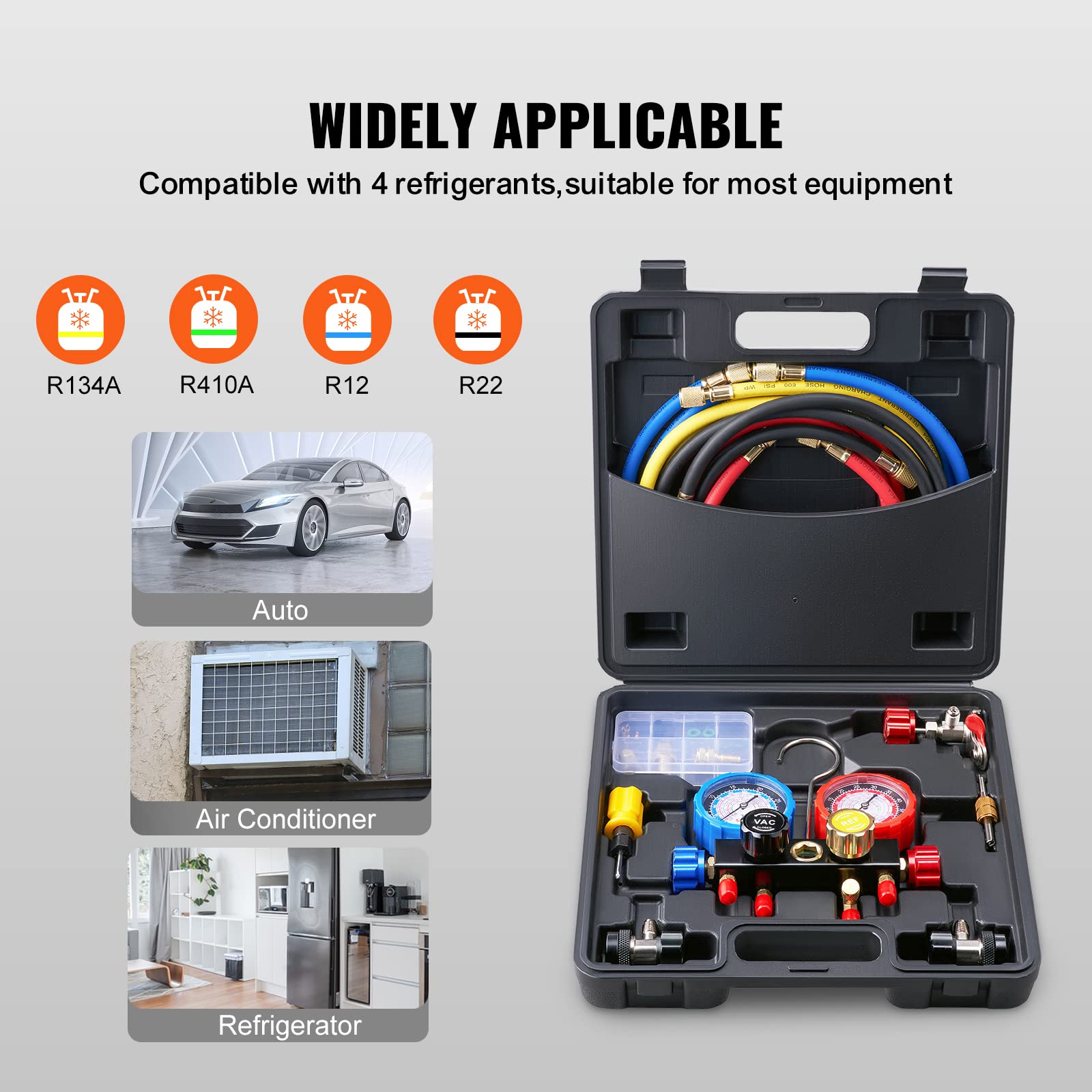 Vevor 4 Way Ac Gauge - Ac Manifold Gauge Set For R134A R22 R12 R410A Refrigerant, Freon Gauges With 5Ft Hoses, Couplers, Can Tap